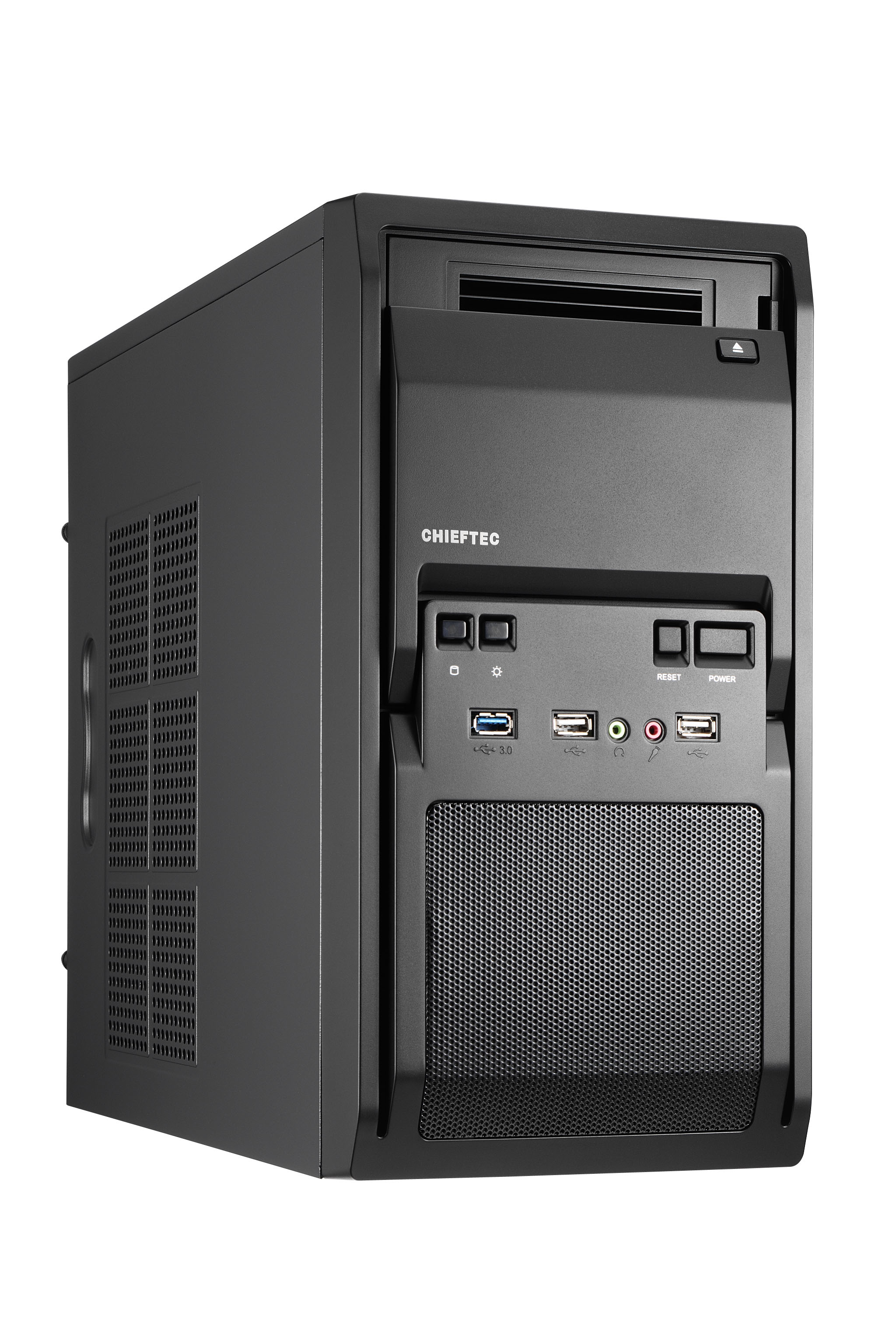 Case PC nero con pannello frontale con porte USB e pulsante di accensione.