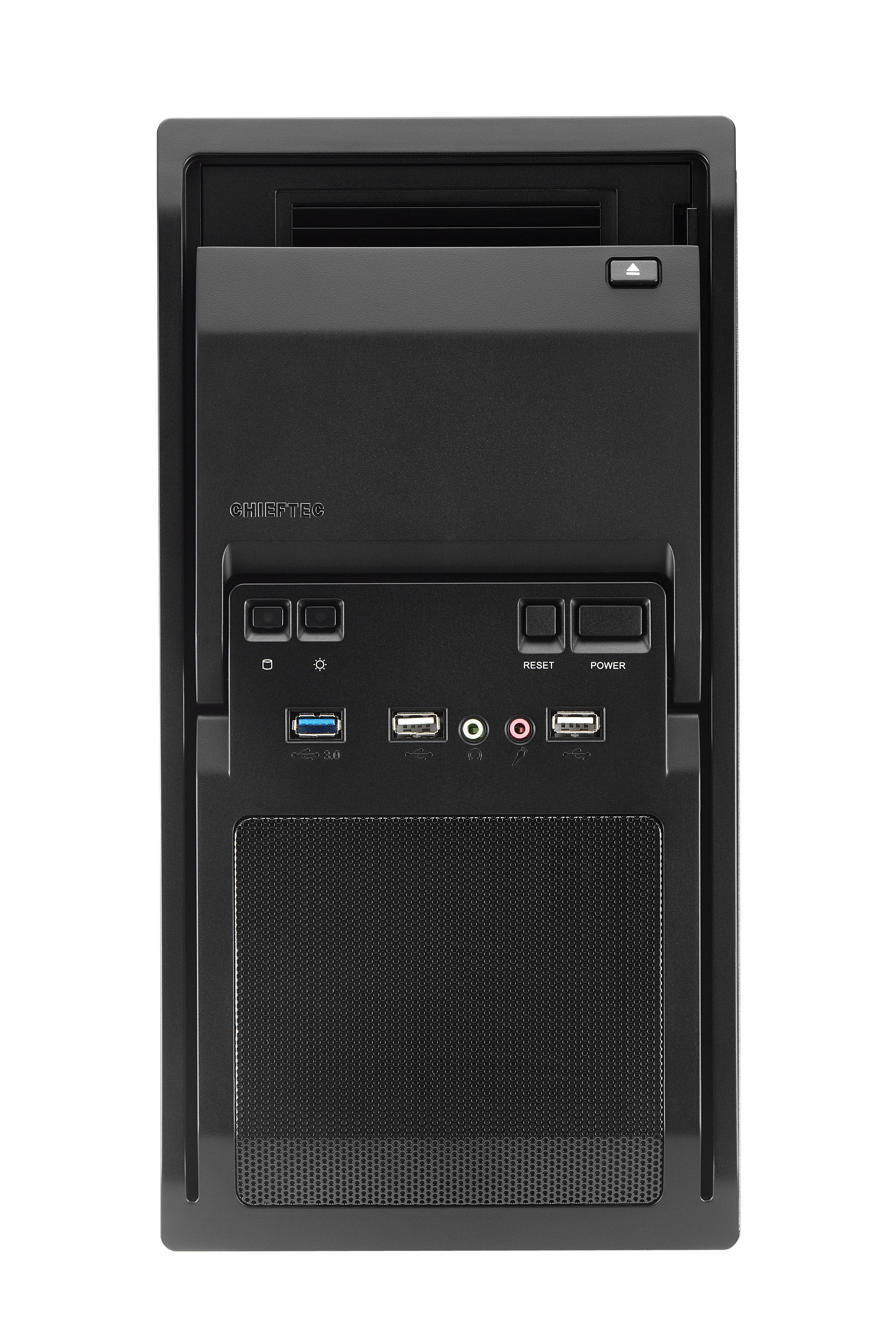 Parte anteriore del case PC nero. Marchio CHIEFTEC visibile. Porte USB e pulsante di accensione visibili.