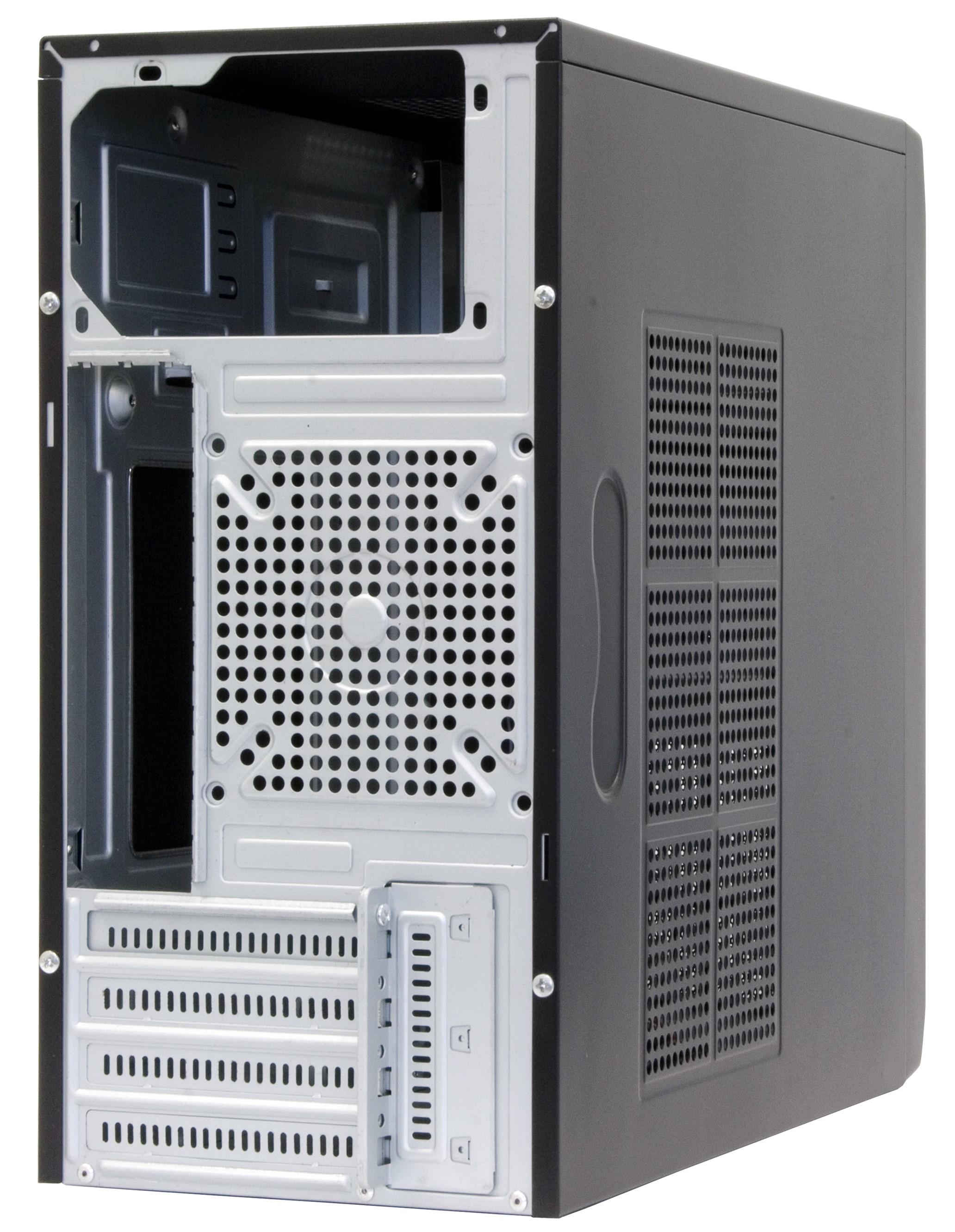 Parte posteriore di un case per computer nero e grigio. Con varie griglie e aperture di ventilazione.
