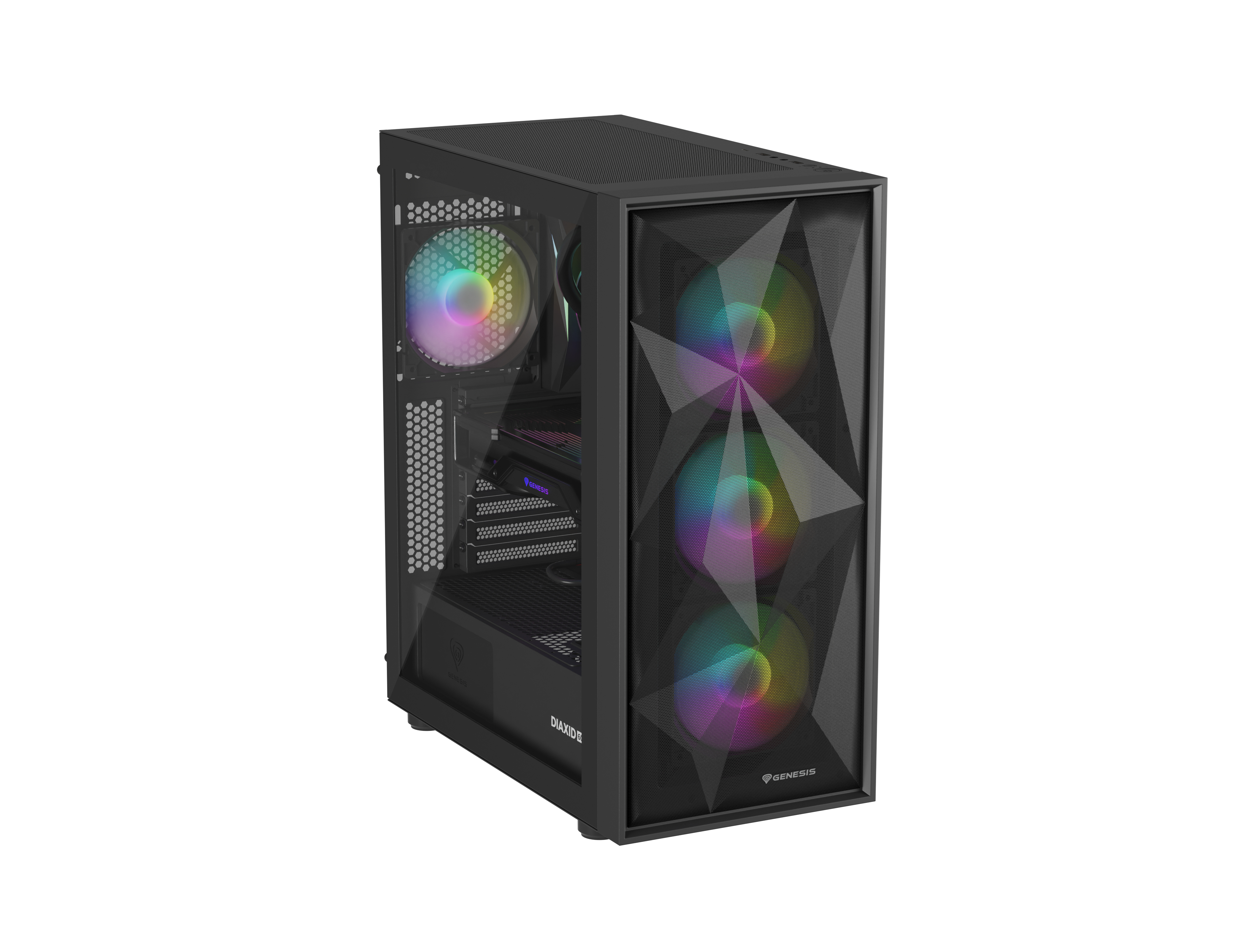 Czarna obudowa komputera z trzema wentylatorami. Przód ma trójkątny szklany design z światłami RGB.