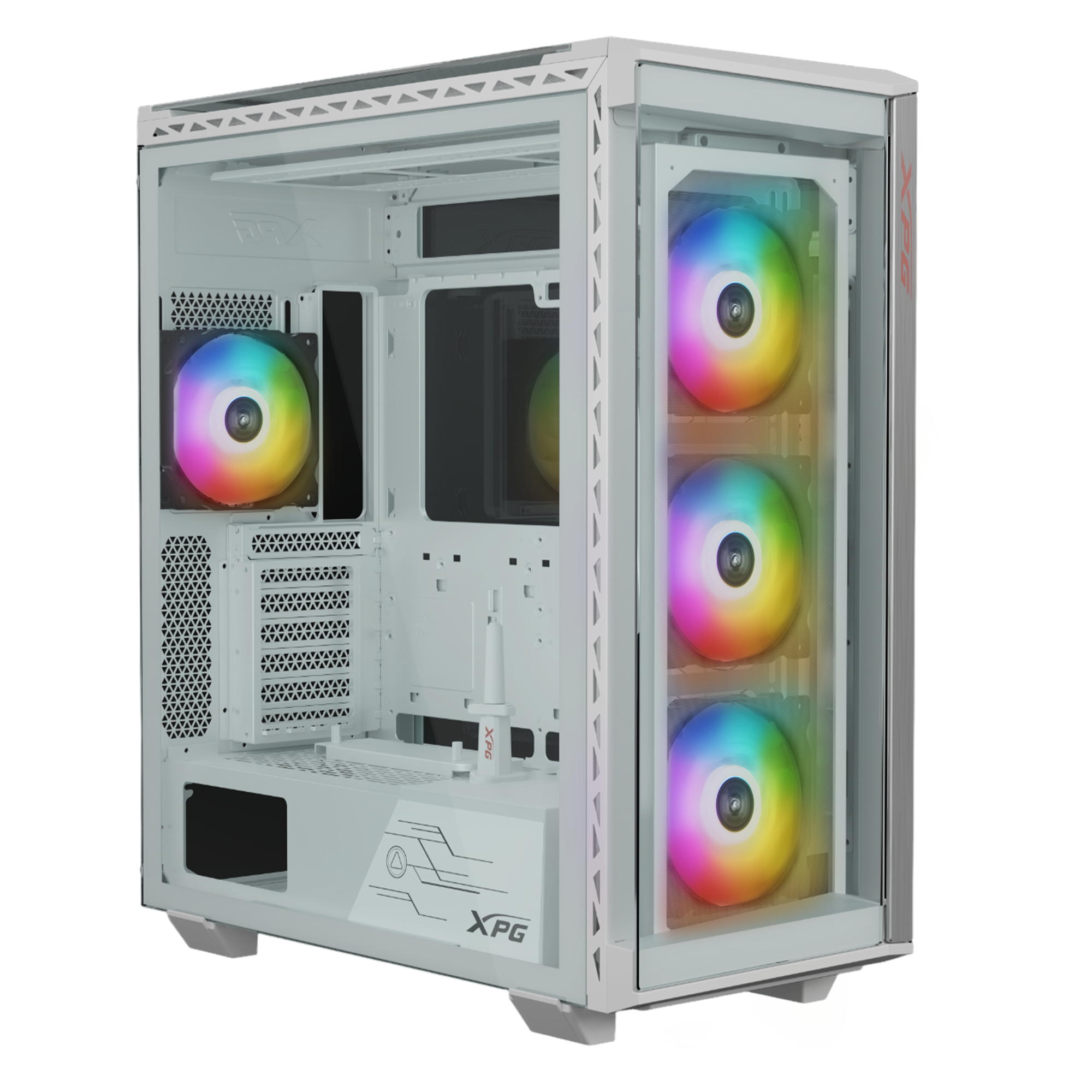 Case per PC bianco con ventole RGB, pannello in vetro e logo XPG. Interno visibile.