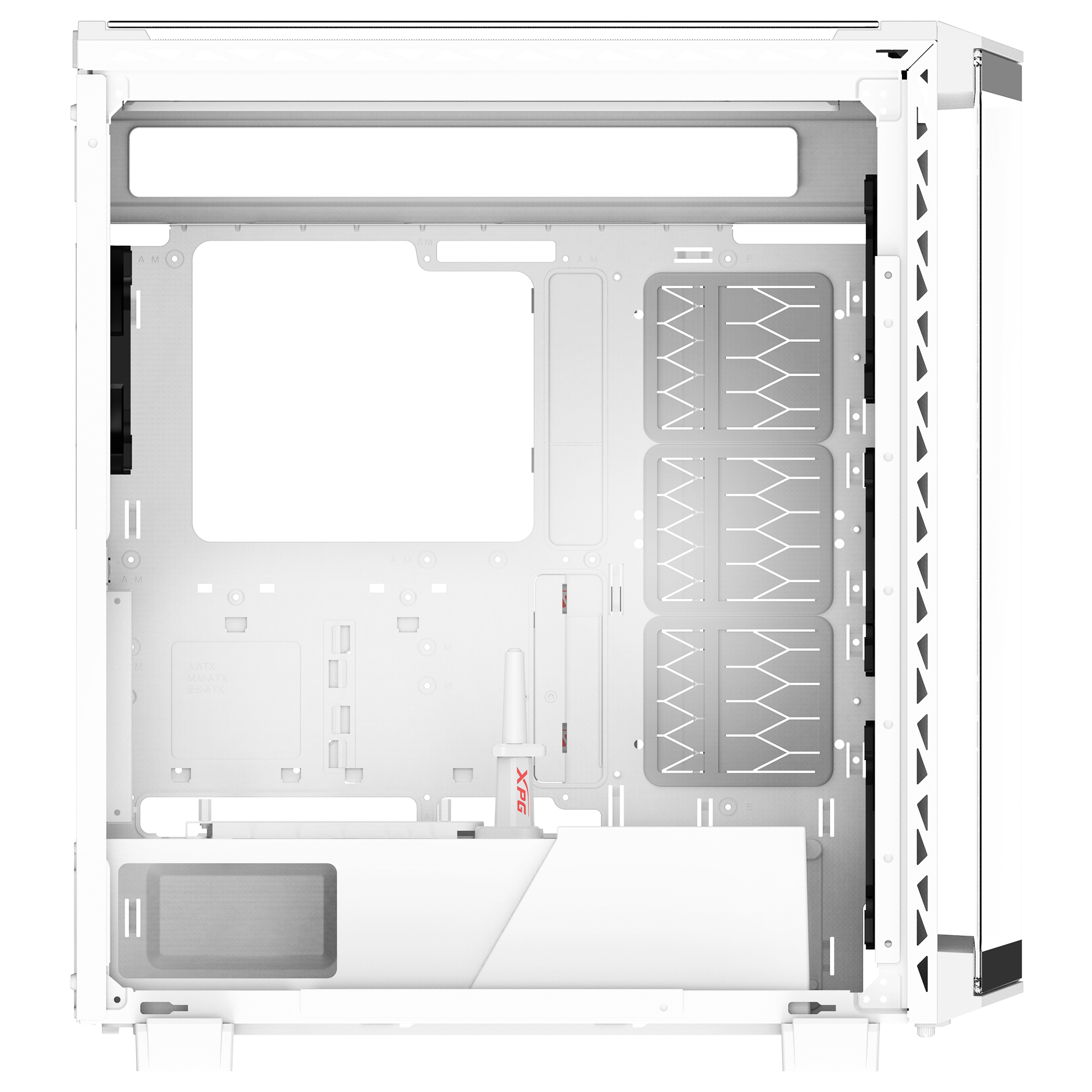 Interno di un case per PC bianco. Mostra la struttura interna con punti di montaggio per i componenti. Logo XPG visibile.