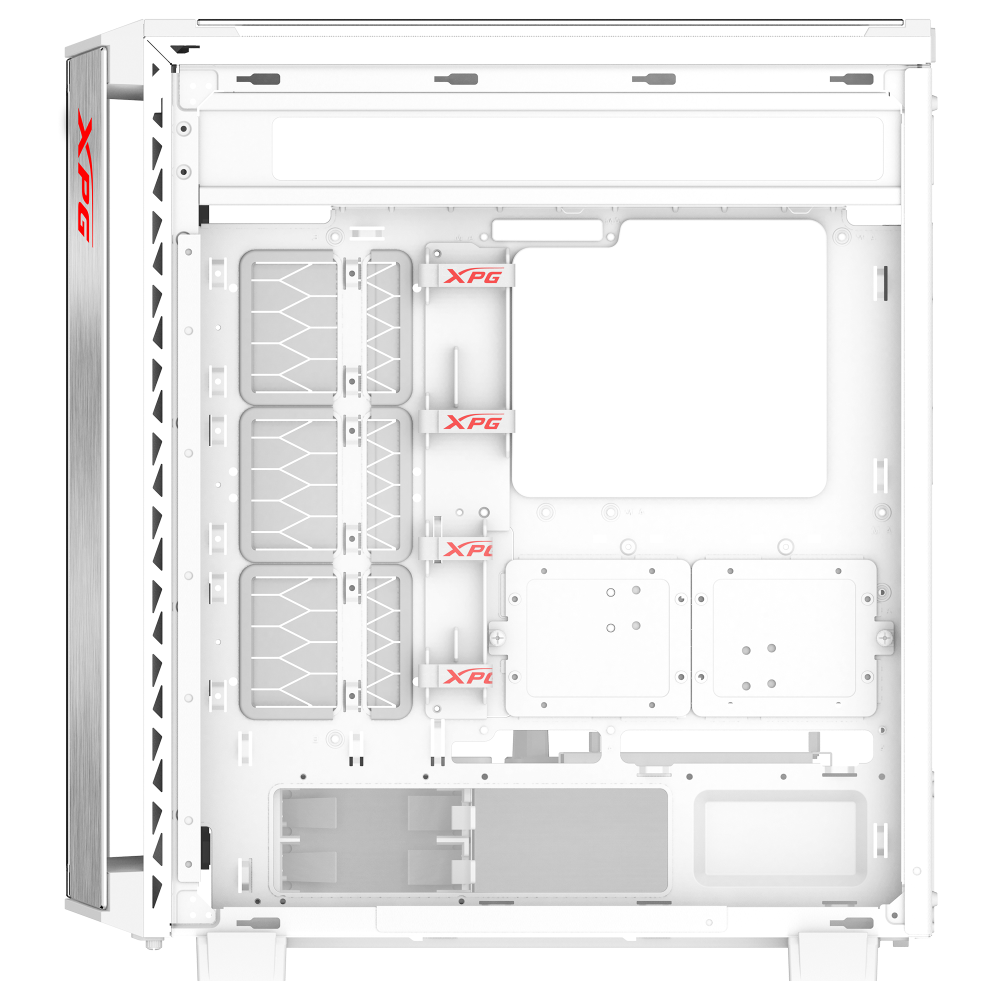 Interno del case PC bianco. Marchio XPG, accenti rossi. Vista aperta dei componenti.