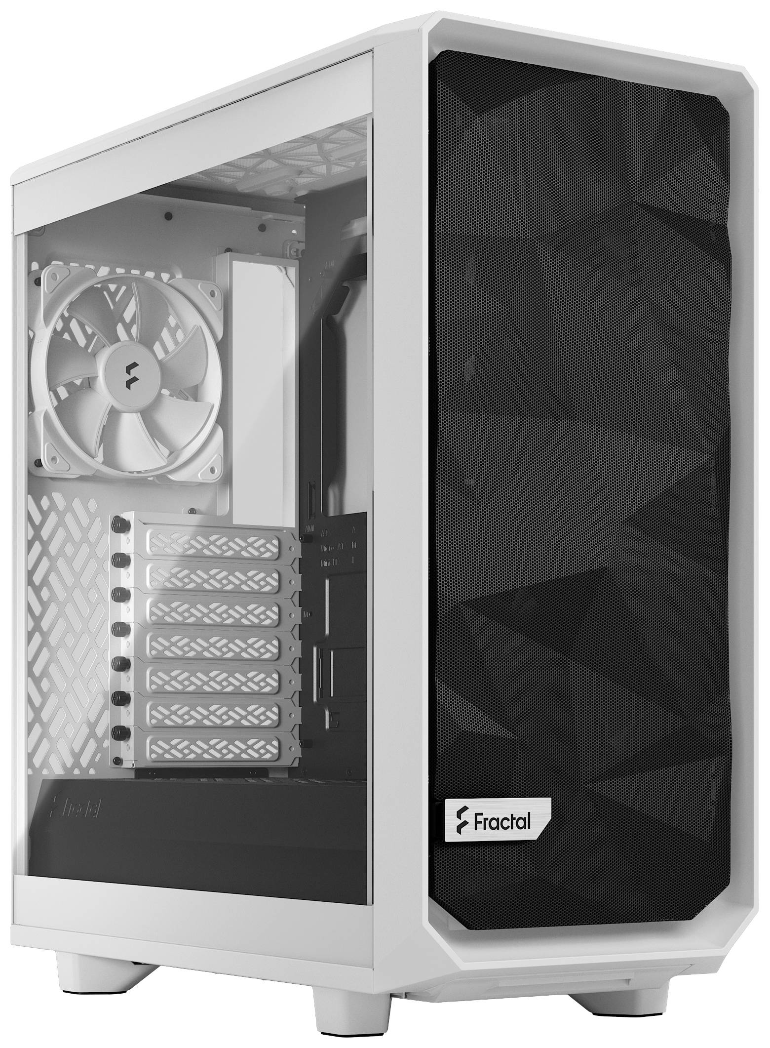 Interno del case per PC bianco con ventola, rete nera e logo Fractal. Componenti interni visibili.