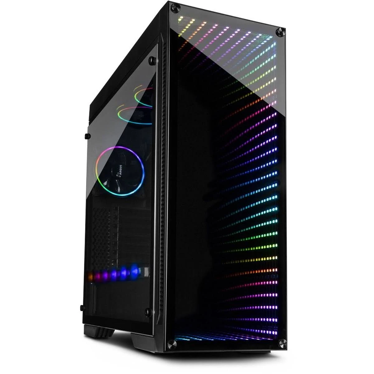 Zwarte pc-behuizing met RGB-verlichting. Het glazen zijpaneel heeft kleurrijke lichten en reflecties binnenin.