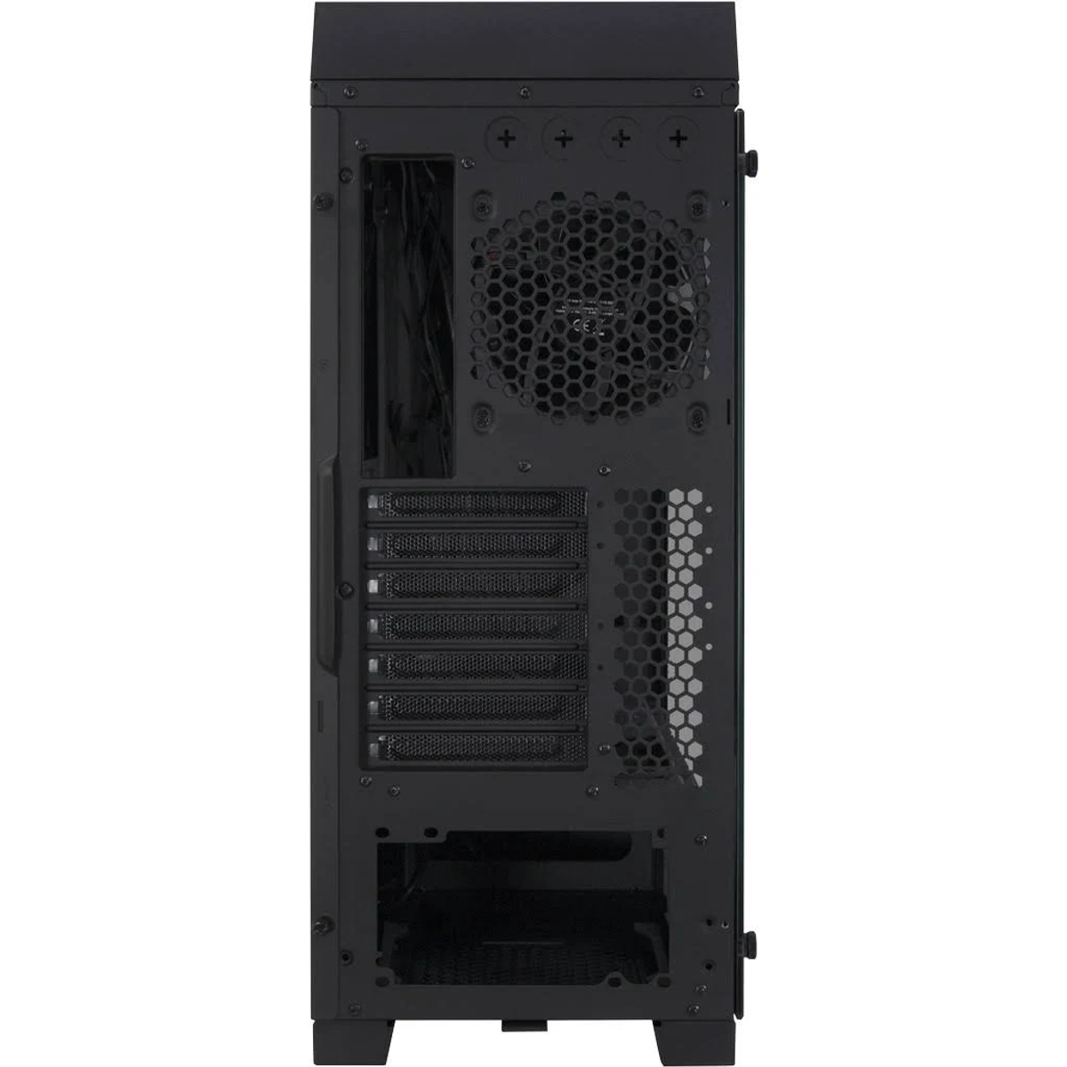 Achterkant van een zwarte pc-kast. Ventilator, poorten en montagepunten. Honingraatontwerp.