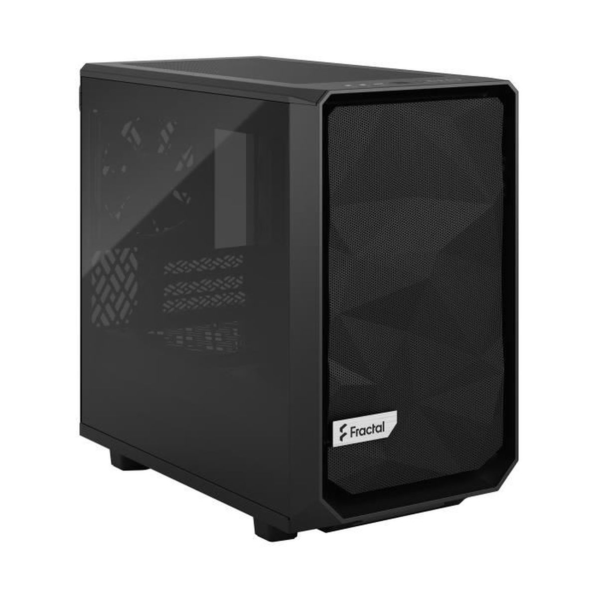 Case PC Fractal nero con pannello laterale in vetro. Vista angolata, che mostra la parte anteriore e laterale.