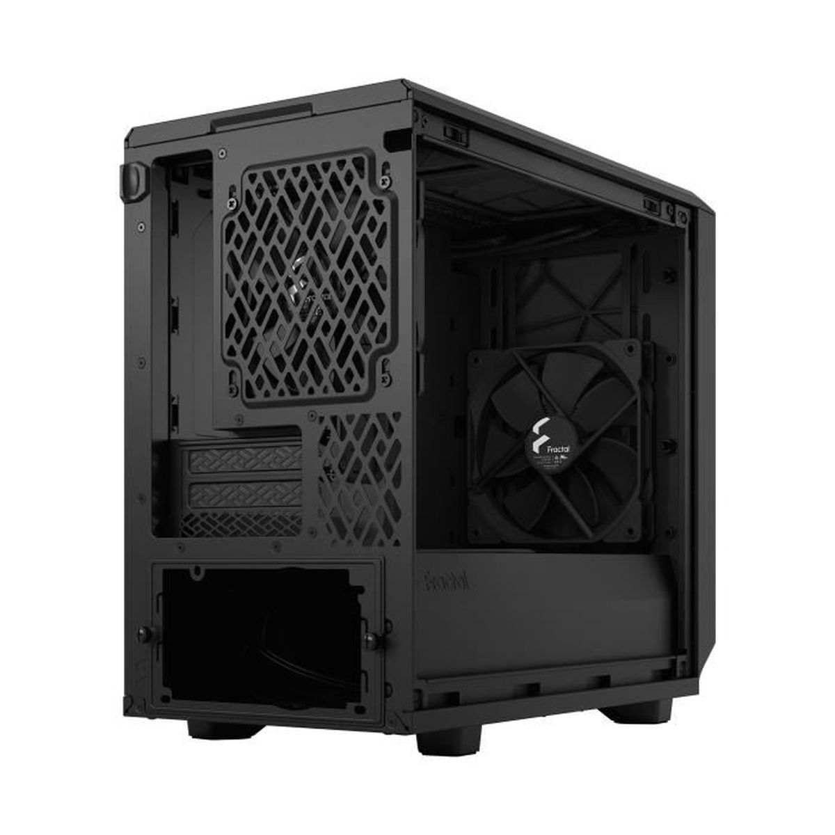 Interno di un case per PC nero, con una ventola, isolato su sfondo bianco.