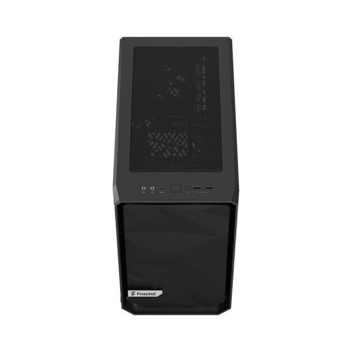 Un case per computer nero con frontale e parte superiore in rete, con il logo Fractal.