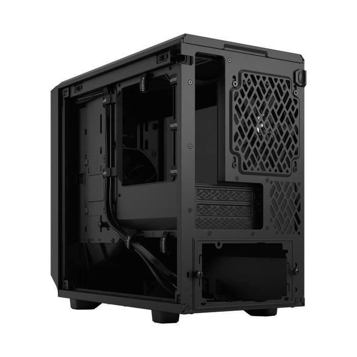 Vista interna di un case per PC nero. Cavi, componenti e struttura visibili.