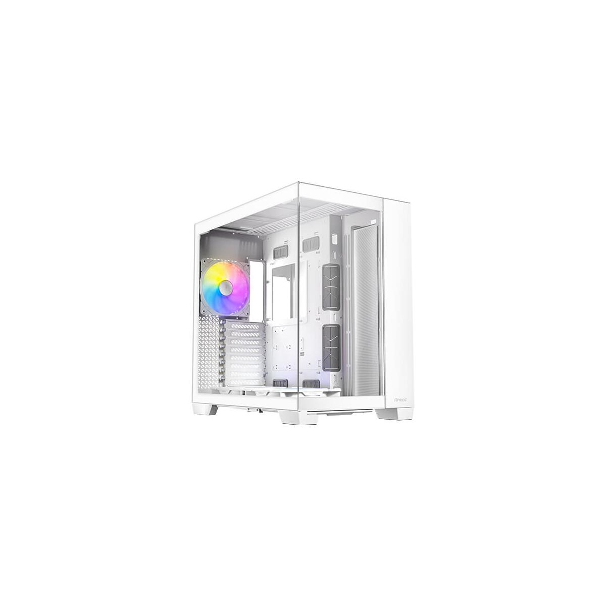 Case per computer bianco con pannello laterale in vetro, con ventola arcobaleno. Sfondo bianco.