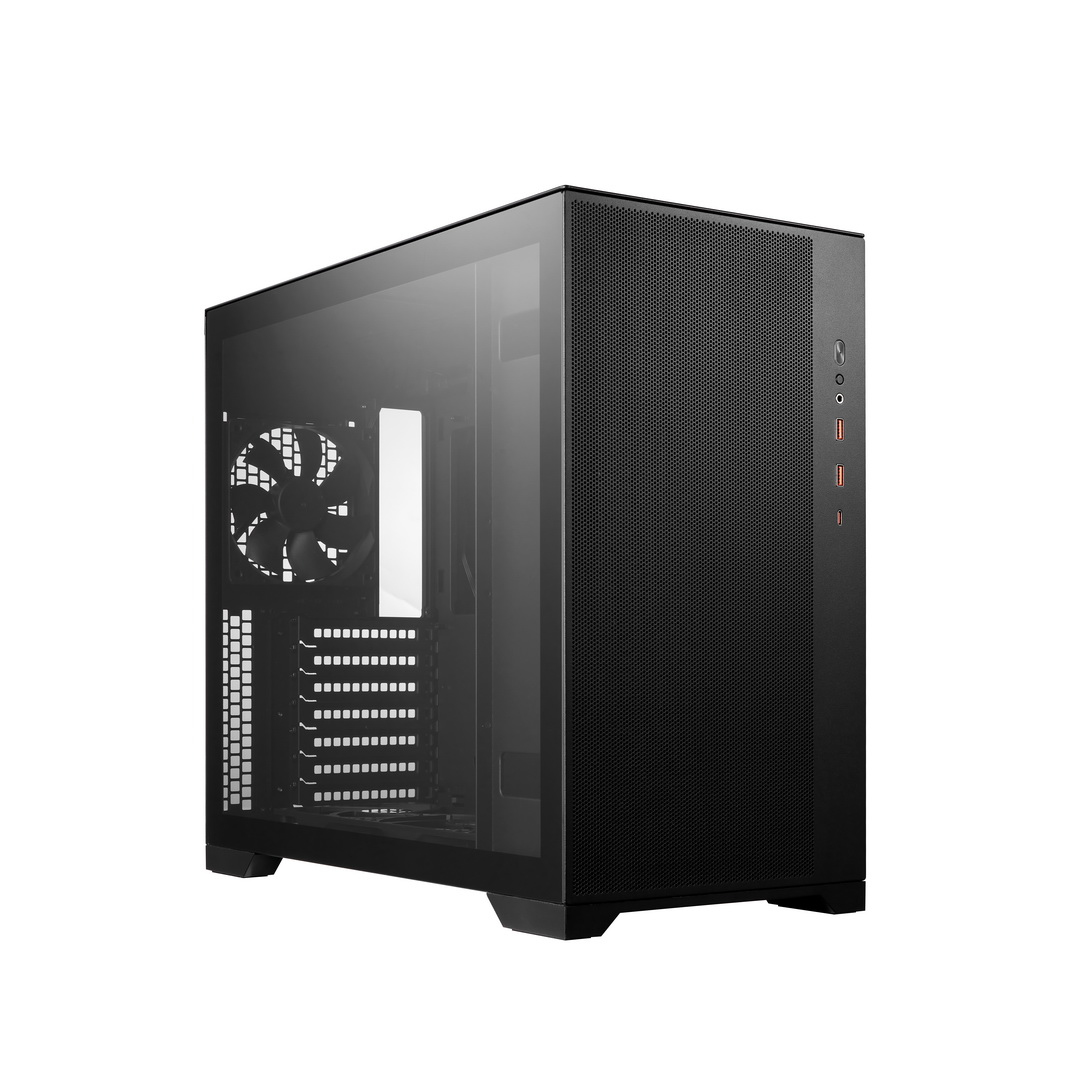 Case PC nero con pannello laterale in vetro, ventola e porte. Design elegante.