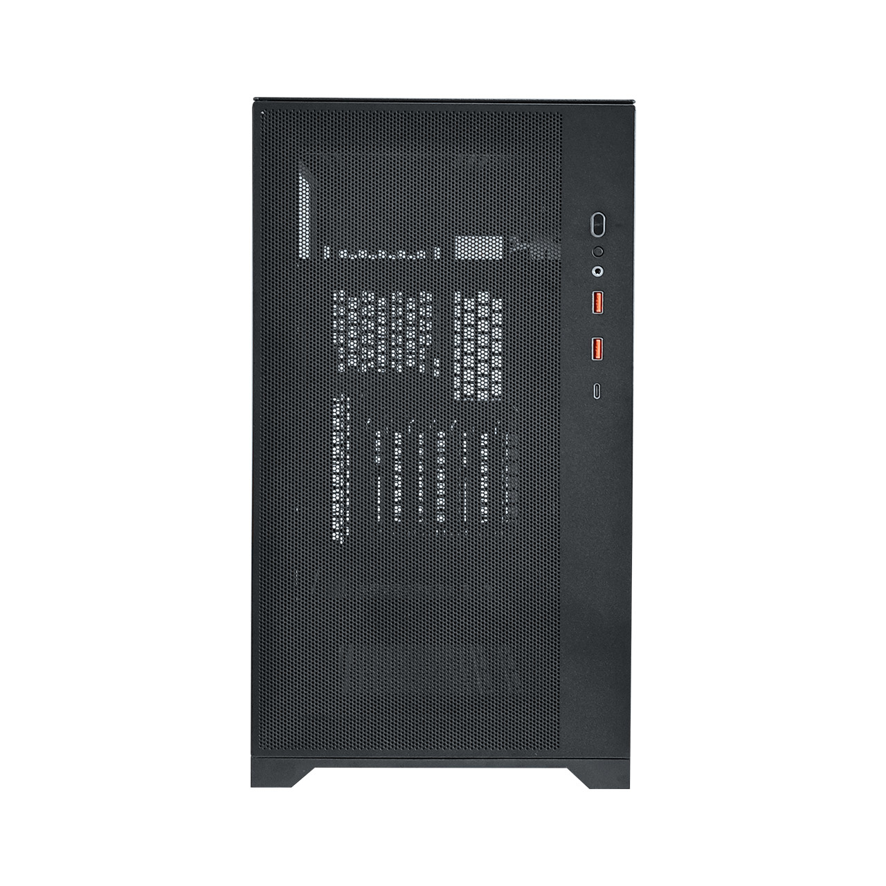 Frontale di un case per computer nero. Con pannello a rete e alcune porte. Il case è alto e stretto.