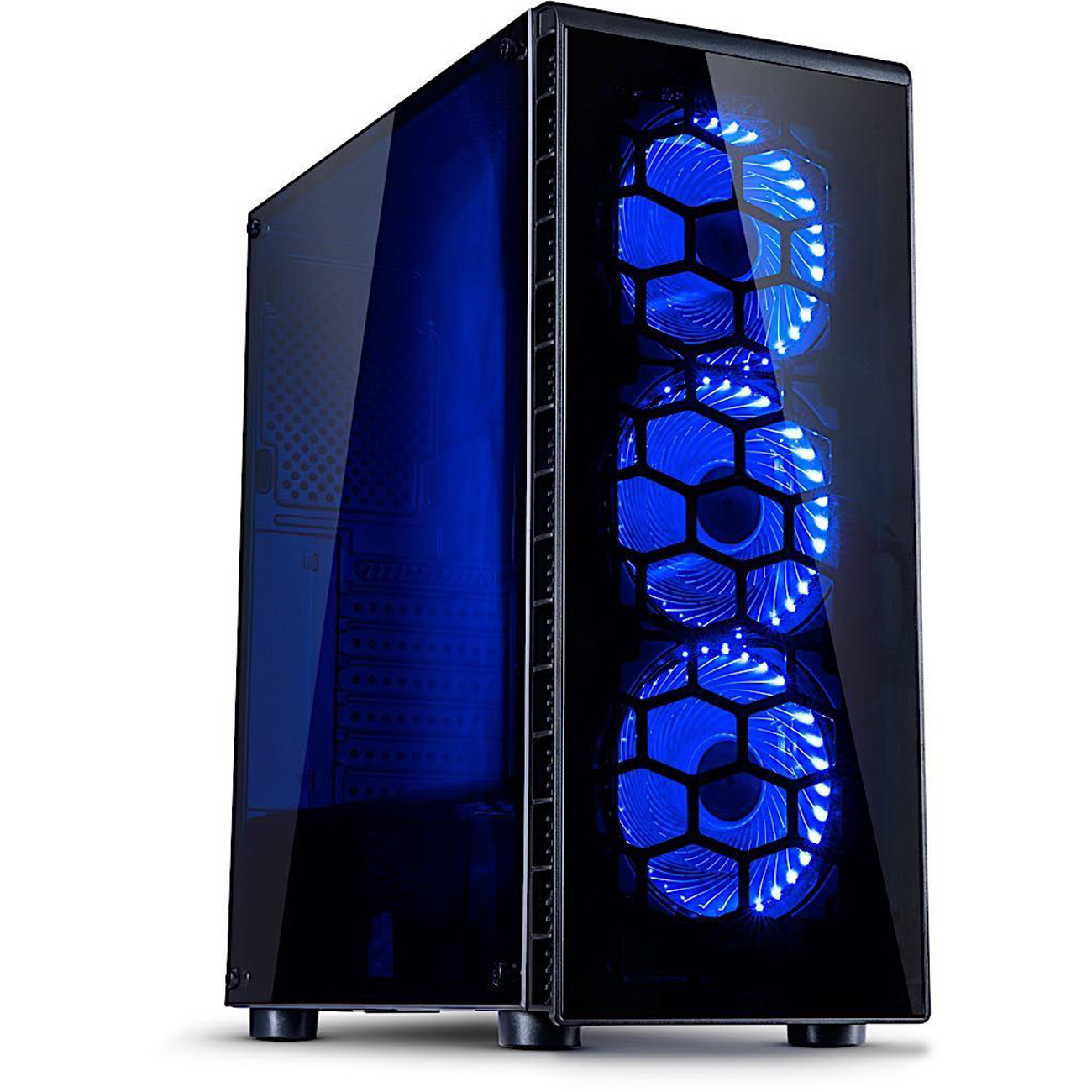 Czarna obudowa komputera ze szklanym panelem przednim, podświetlana niebieskimi diodami LED.