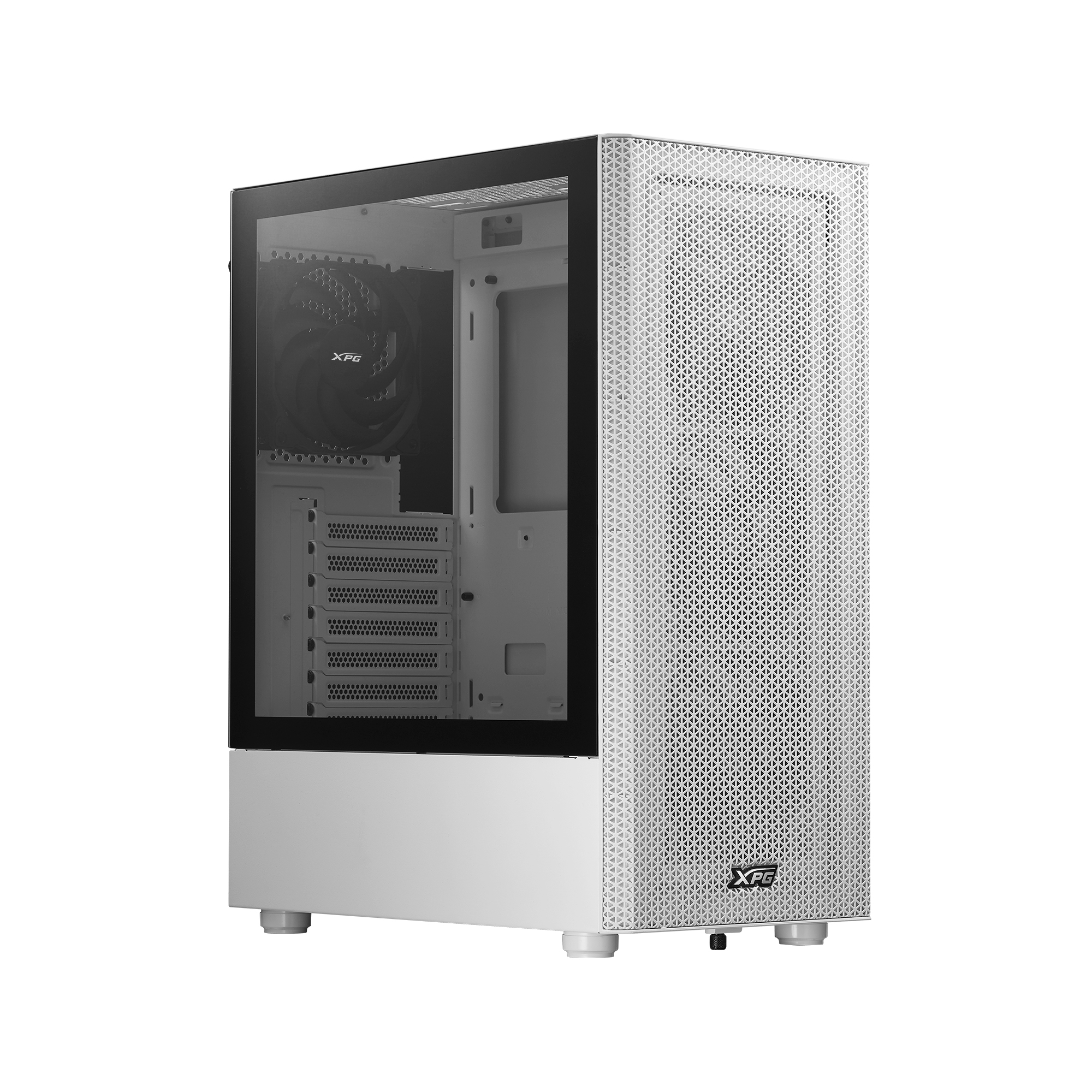 Carcasa de PC blanca con panel lateral de vidrio y frontal blanco, aislado.