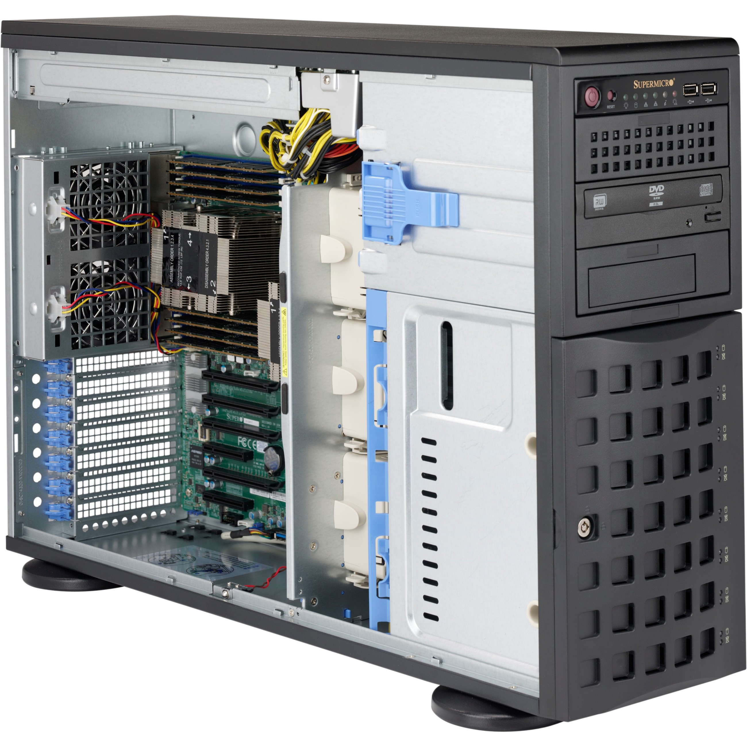 Case PC nero, lato aperto. Componenti interni visibili, tra cui ventole e unità. Isolato su bianco.