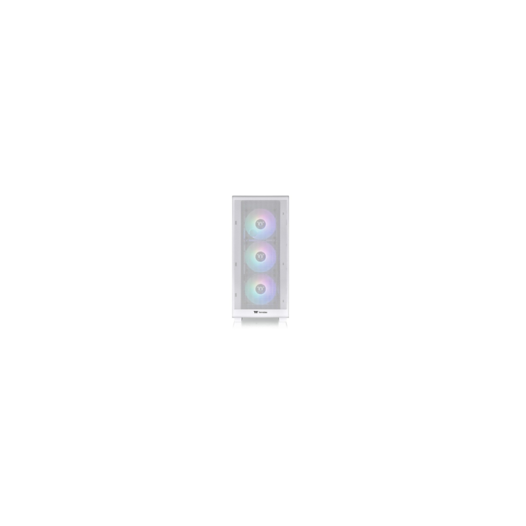 Witte computerkast voorpaneel met drie RGB-ventilatoren tegen een witte achtergrond.