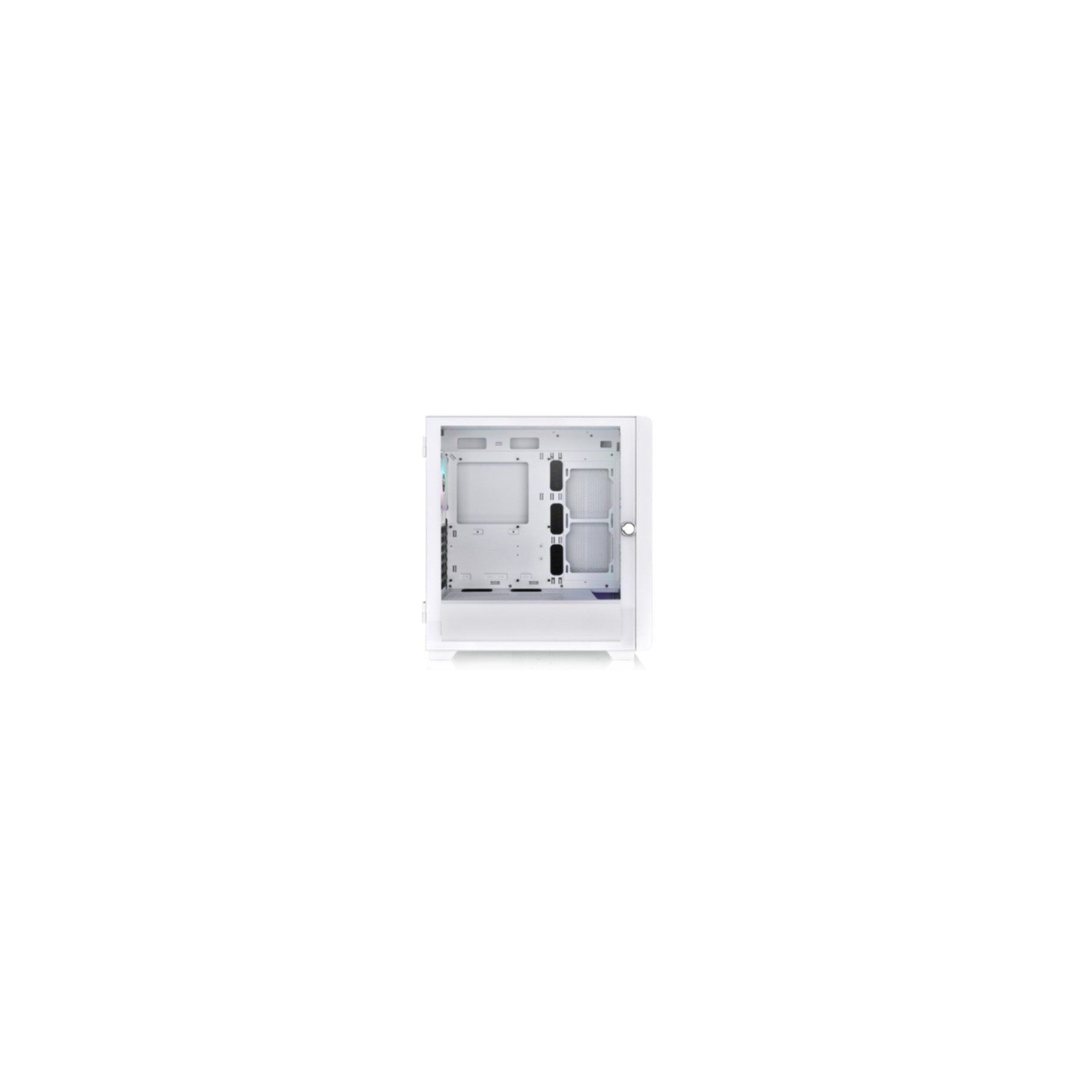 Witte computerkast interieur. Open ontwerp dat interne structuur en componenten onthult, op wit.