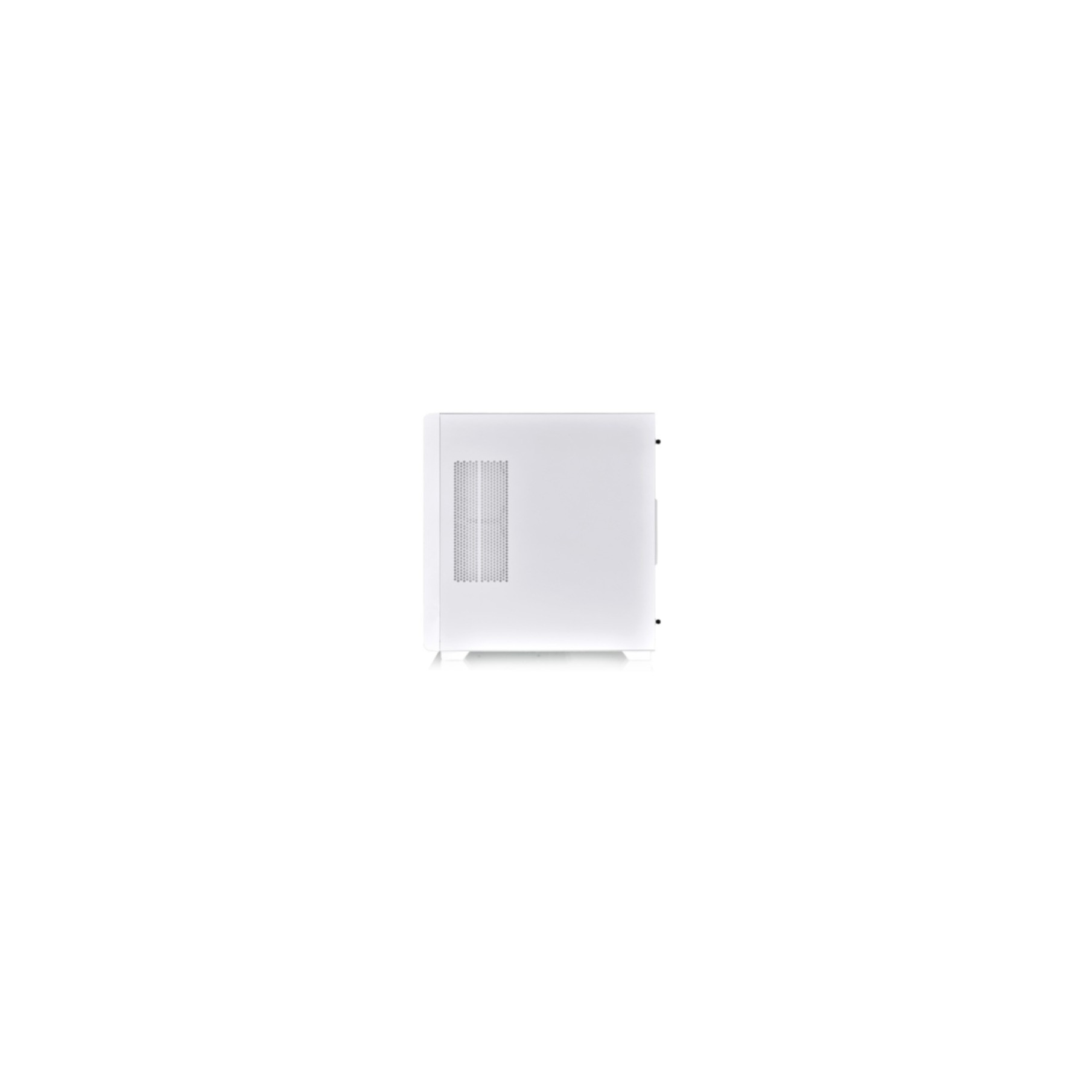 Een witte computerkast, zijaanzicht, met een ventilatieopening aan de zijkant.