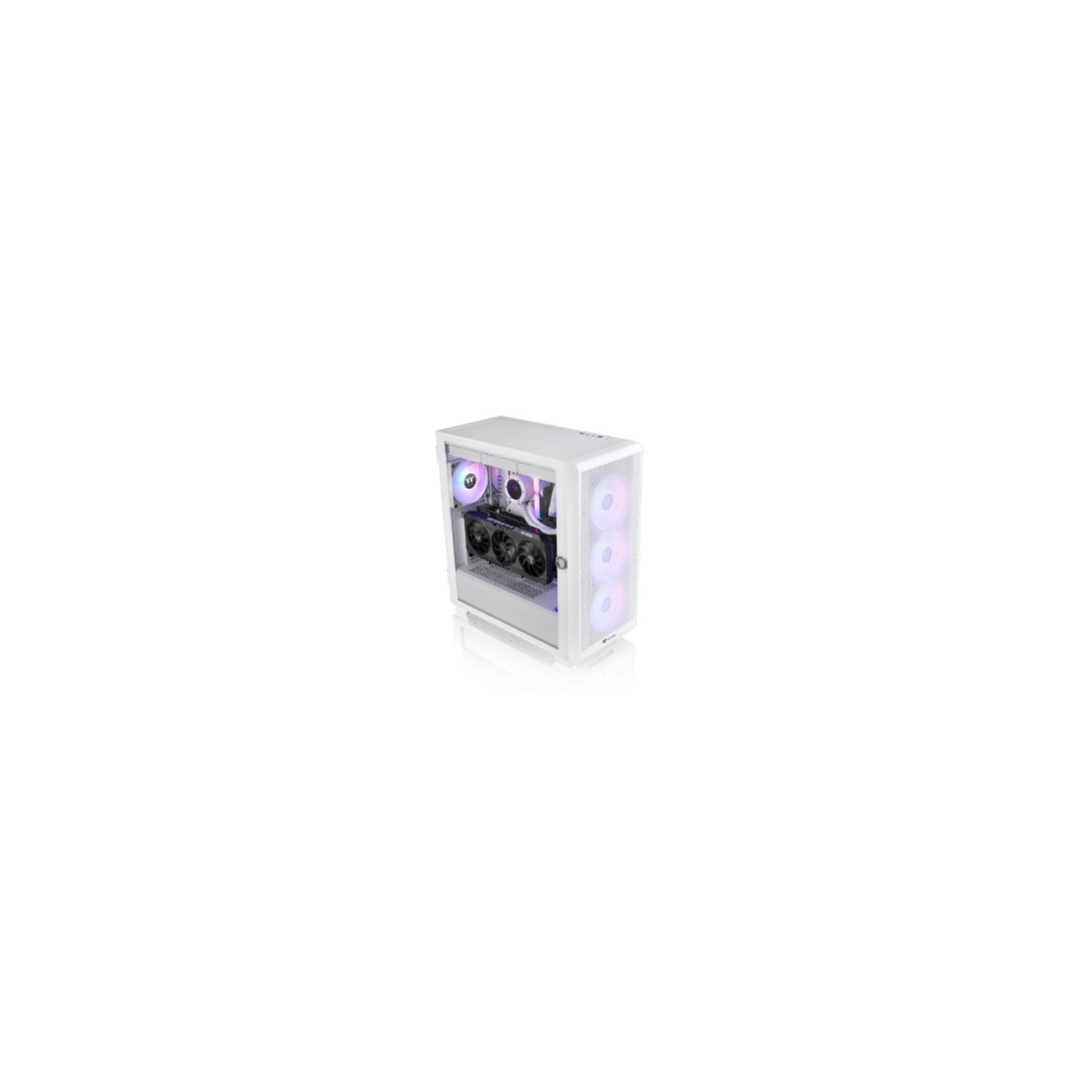 Witte pc-kast met interne componenten, geïsoleerd op witte achtergrond.