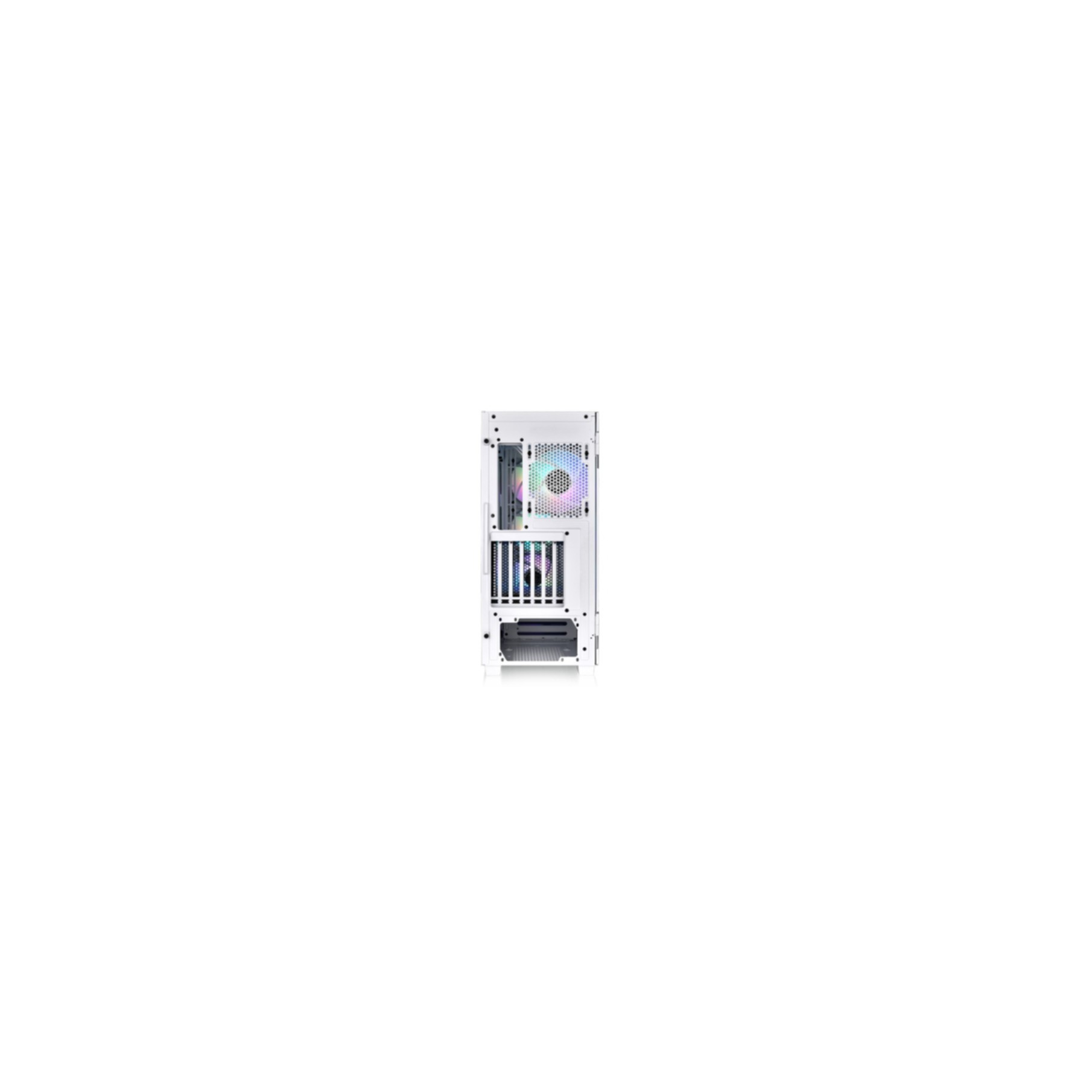 Witte PC-behuizing, achteraanzicht. Ventilator en componenten zijn zichtbaar. Witte achtergrond.