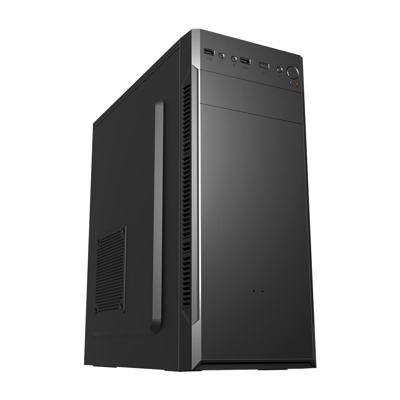 Czarna obudowa PC, widok z boku. Minimalistyczny design. Widoczny przycisk zasilania i porty.