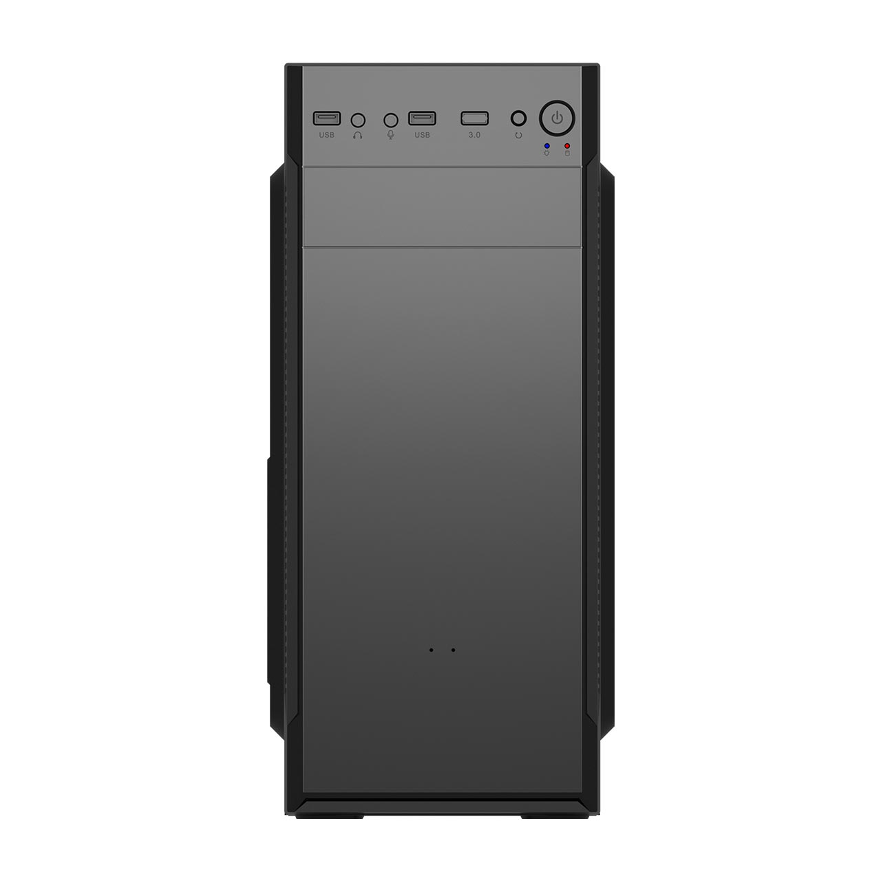Czarna obudowa PC, widok z góry, widoczne porty USB.