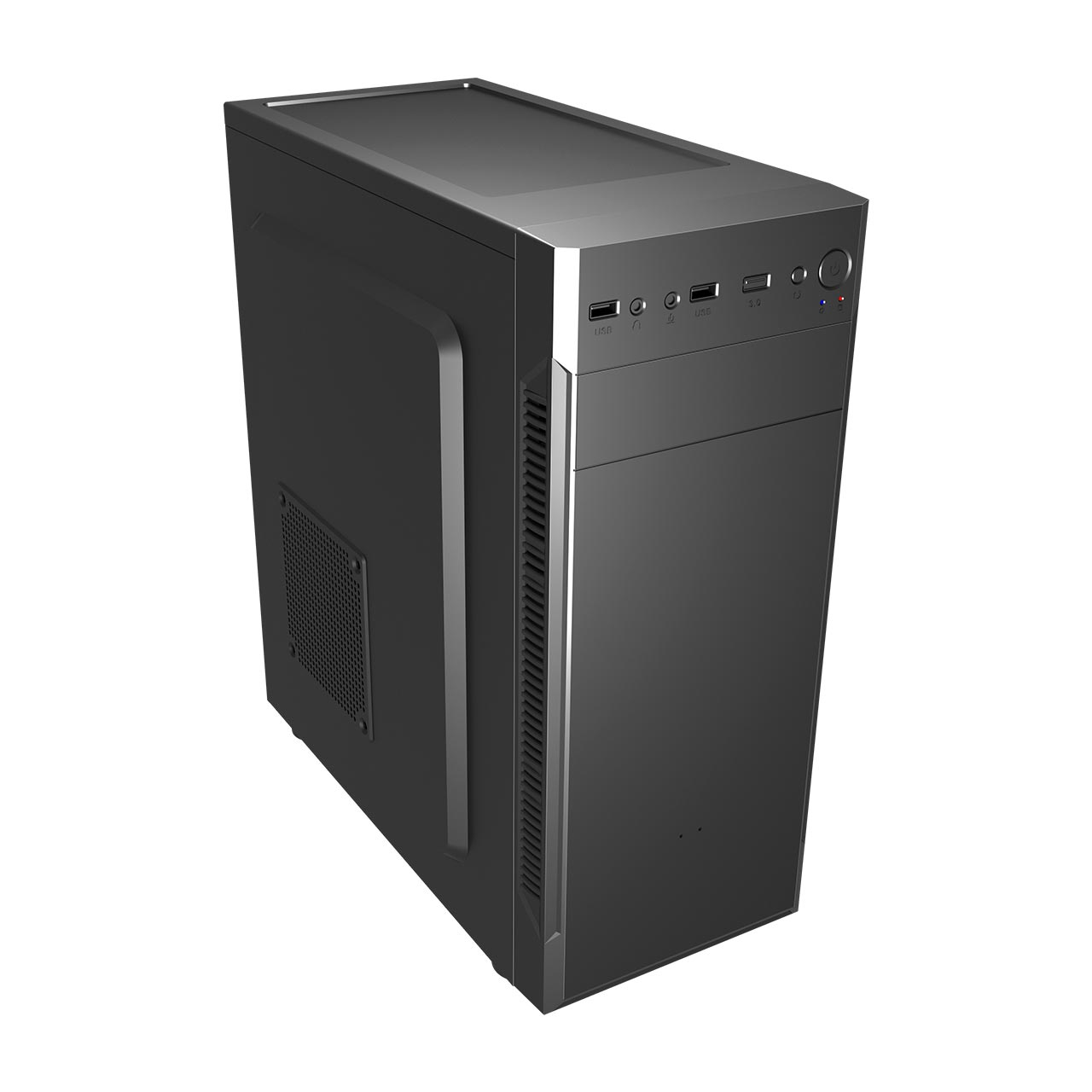 Czarna obudowa PC o eleganckim, minimalistycznym designie, porty na górze.