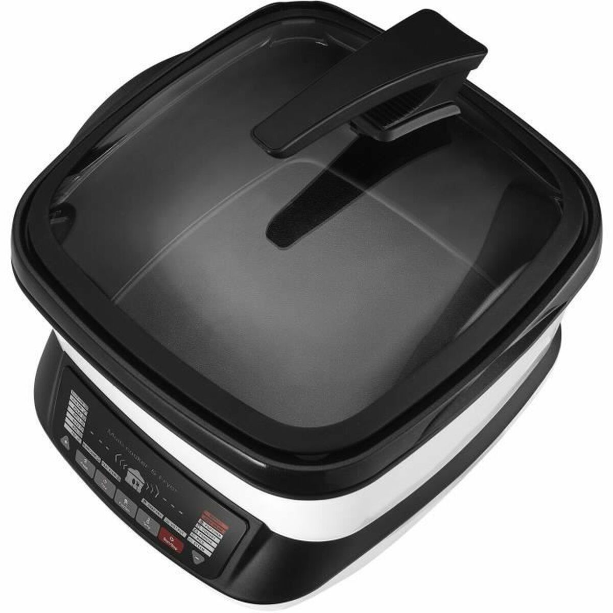 Un multicooker bianco e nero con coperchio trasparente. Presenta un pannello di controllo e una maniglia.