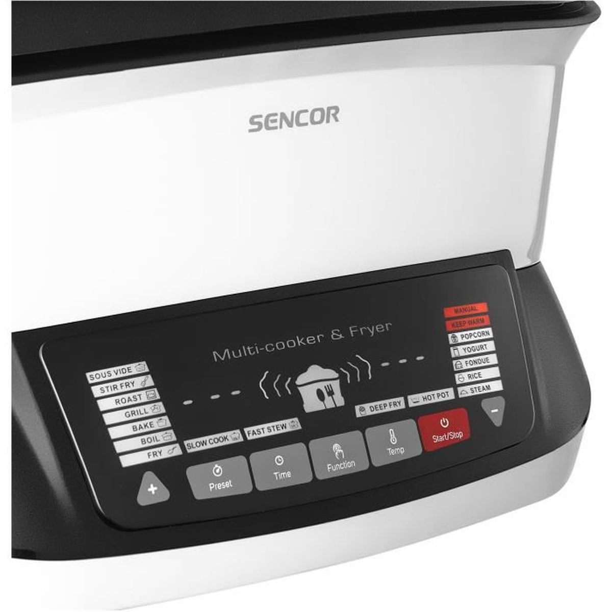 Un pannello di controllo di una multicooker e friggitrice. Ha pulsanti per diverse funzioni di cottura e un display.