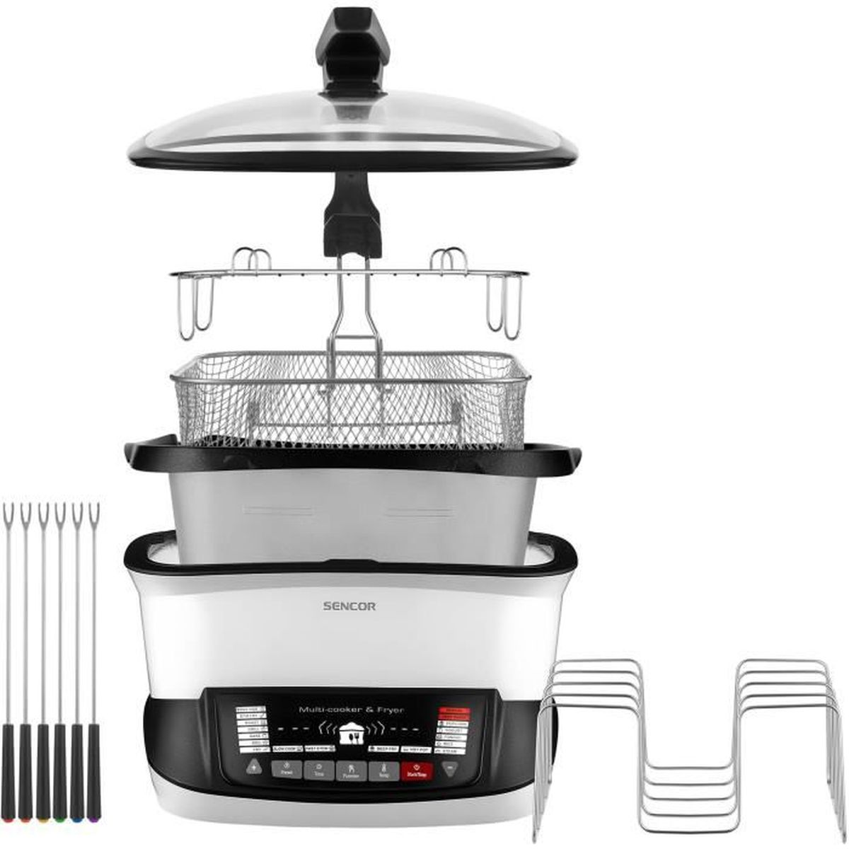 Multicooker e friggitrice, smontati. Mostra coperchio, cestello e unità principale. Bianco e nero.