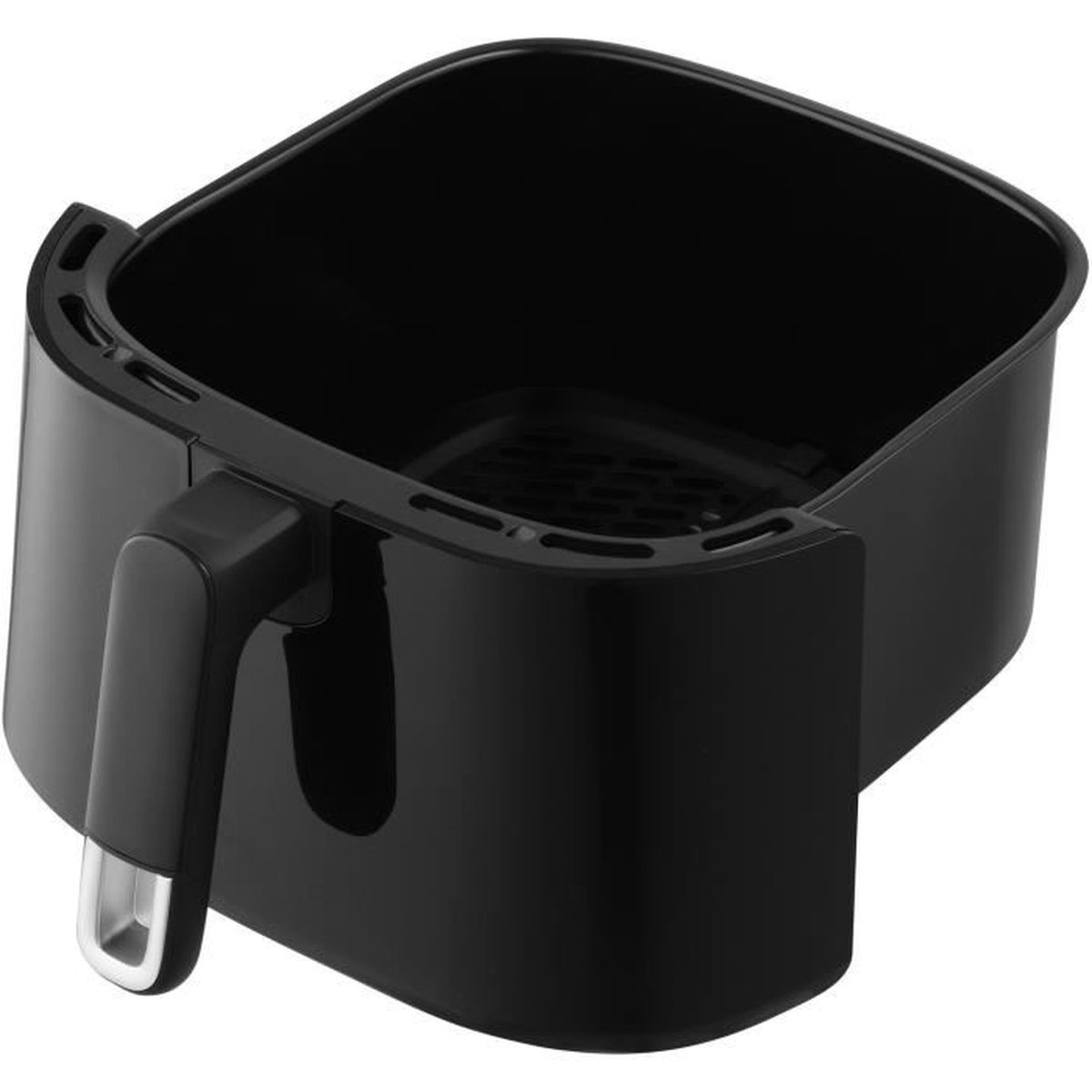 Cestello per friggitrice ad aria nero. Forma quadrata con manico sul lato sinistro.