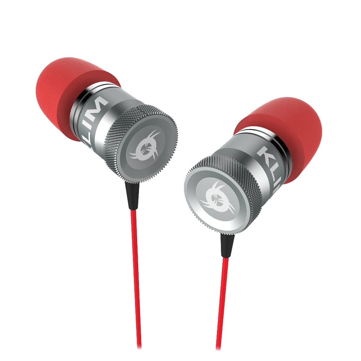 Due auricolari Klim con punte rosse. Le estremità argentate hanno un logo e fili rossi.