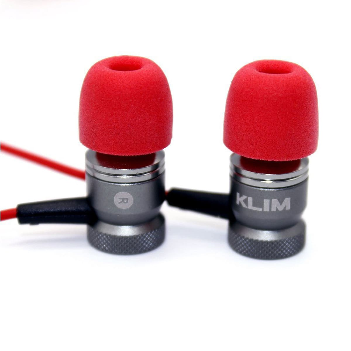 Due auricolari argentati con punte in schiuma rossa su sfondo bianco.