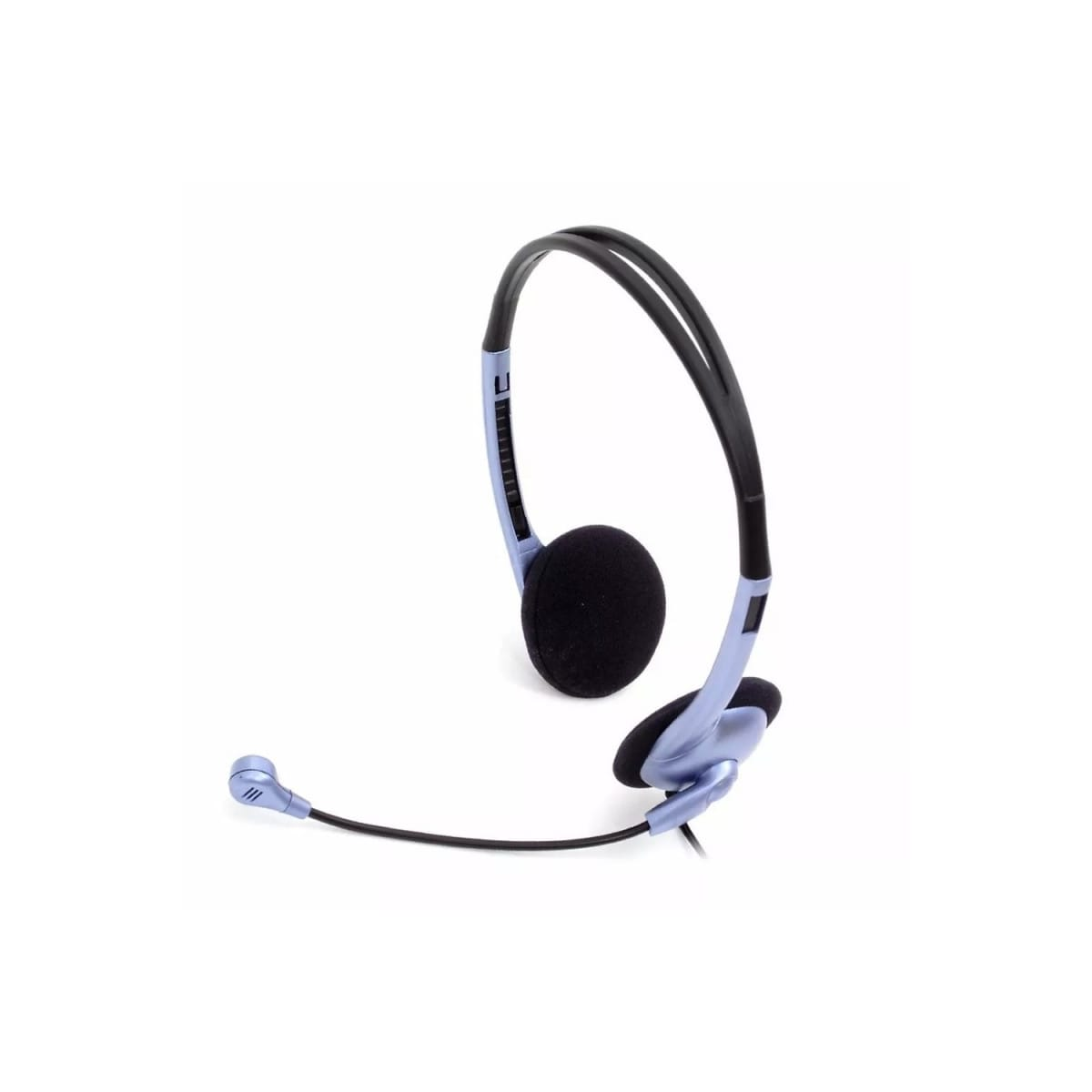 Un auricolare azzurro con un microfono nero e padiglioni neri.
