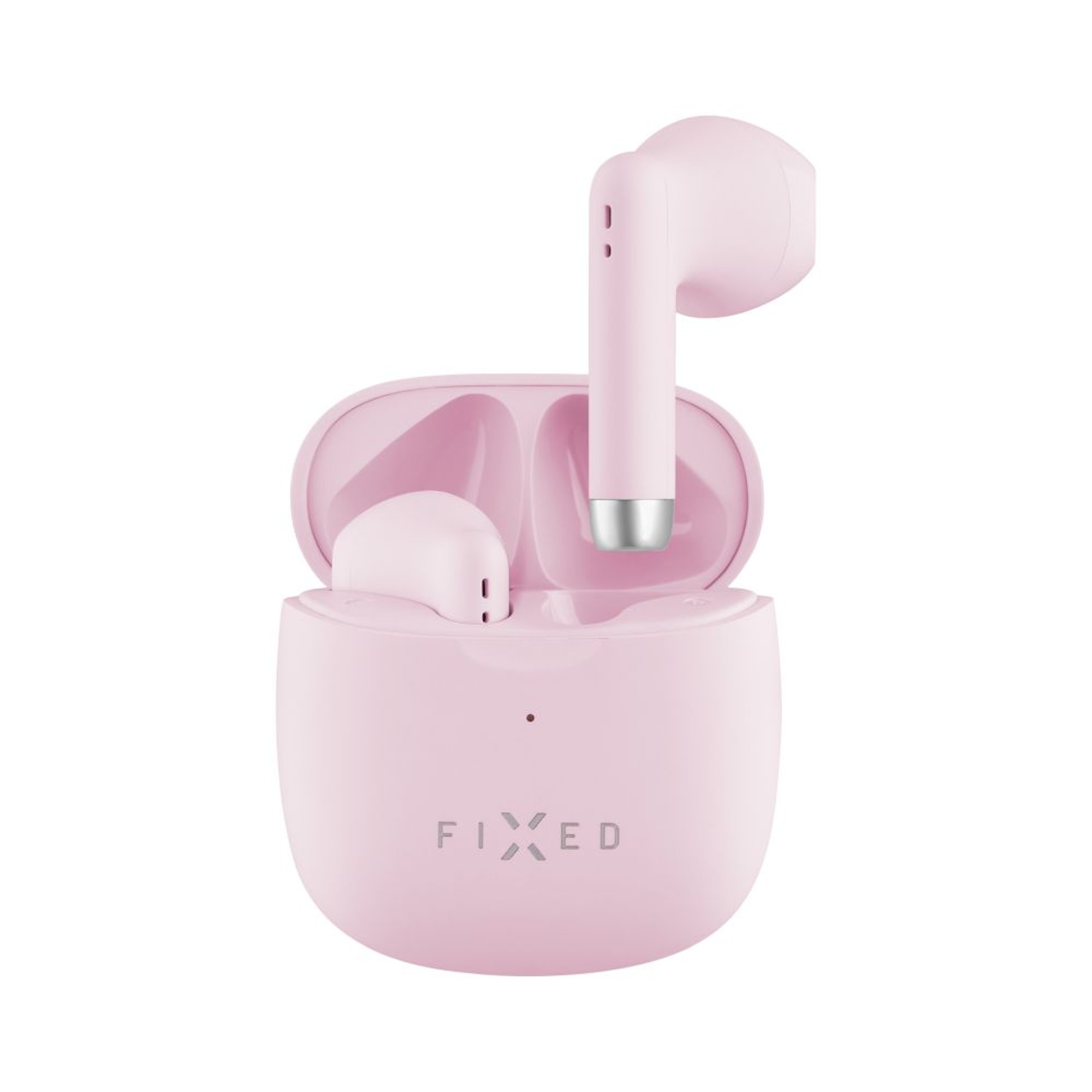 Auricolari wireless rosa in una custodia di ricarica rosa, su sfondo bianco.