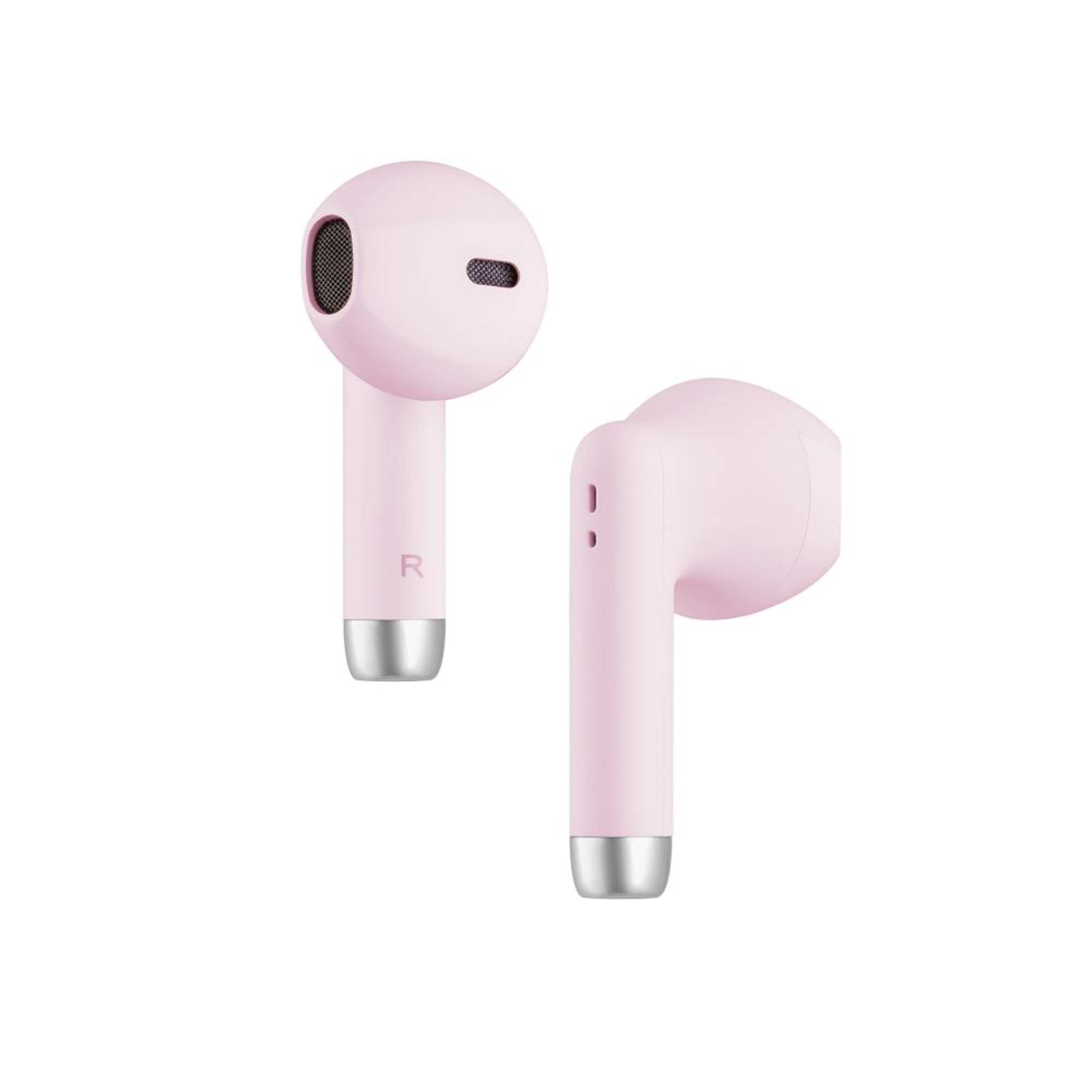 Due auricolari wireless rosa, su sfondo bianco. Quello di sinistra mostra una 'R'.