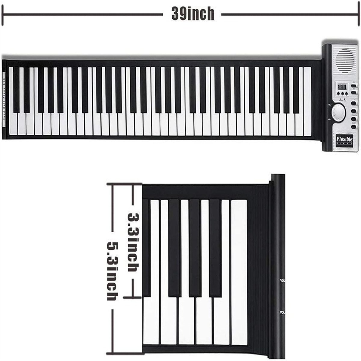 Aufrollbares Klavier mit schwarz-weißen Tasten, mit Bedienfeld rechts.
