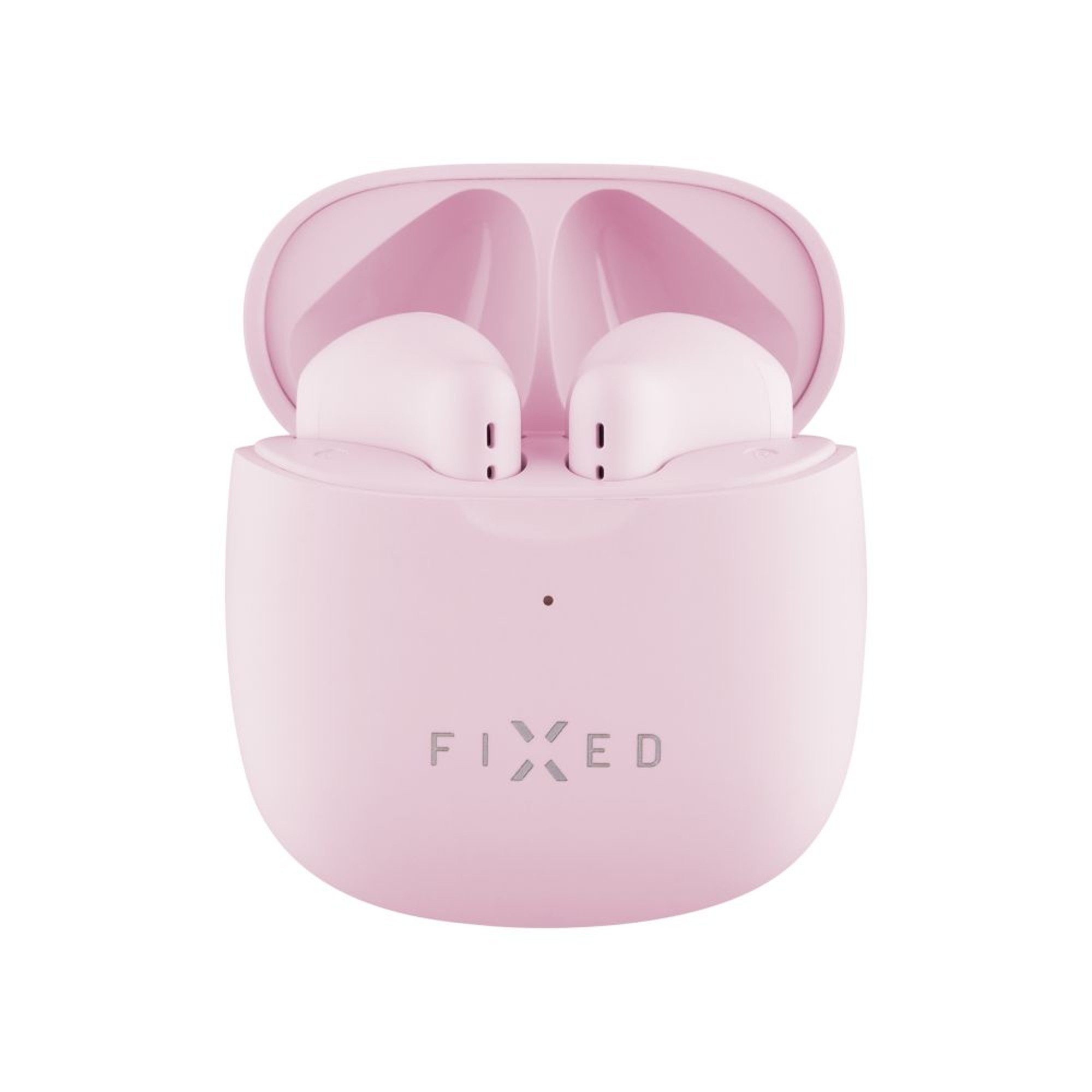 Auricolari wireless rosa all'interno della loro custodia di ricarica. La custodia è anch'essa rosa.