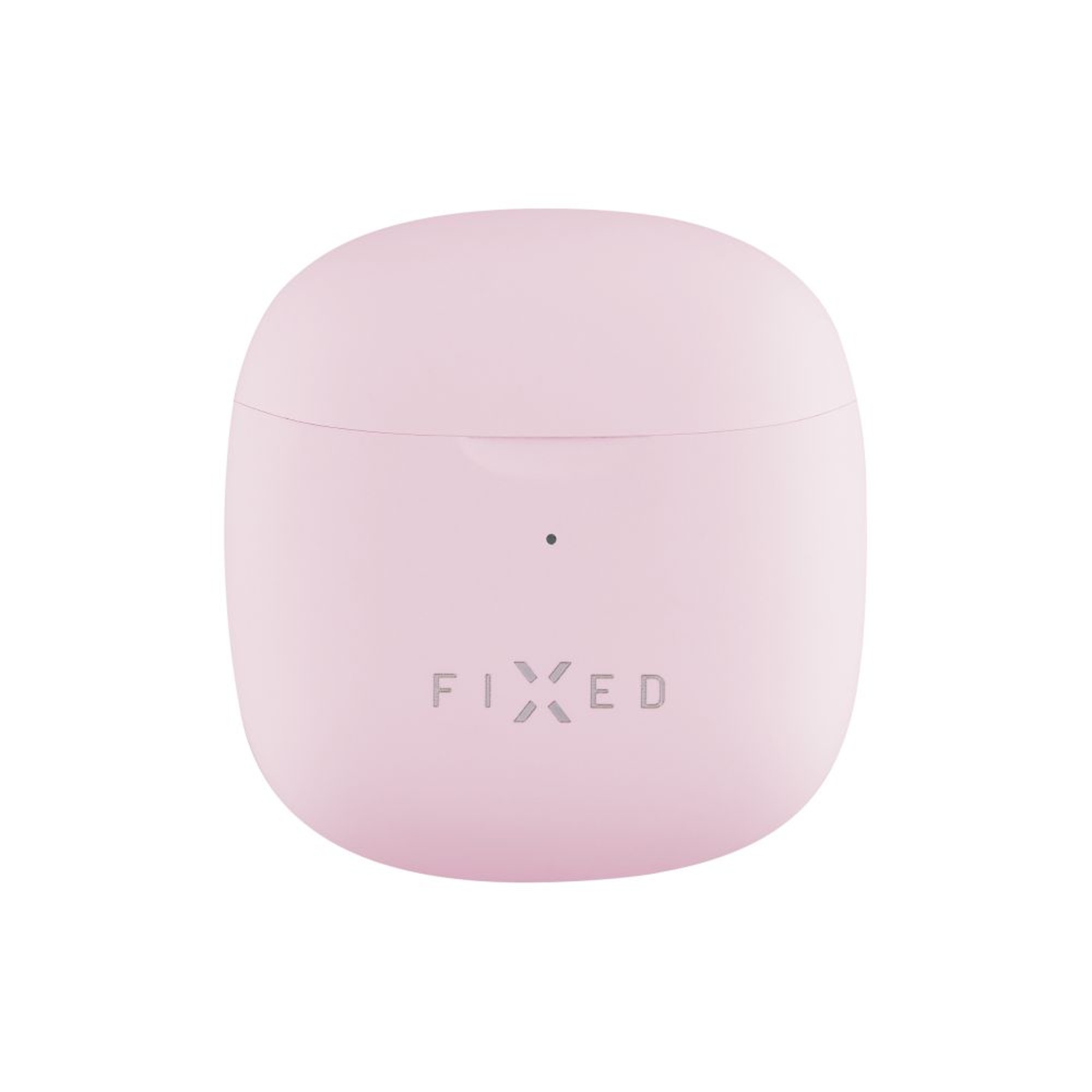 Custodia di ricarica per auricolari rosa e arrotondata con la scritta 'FIXED'.