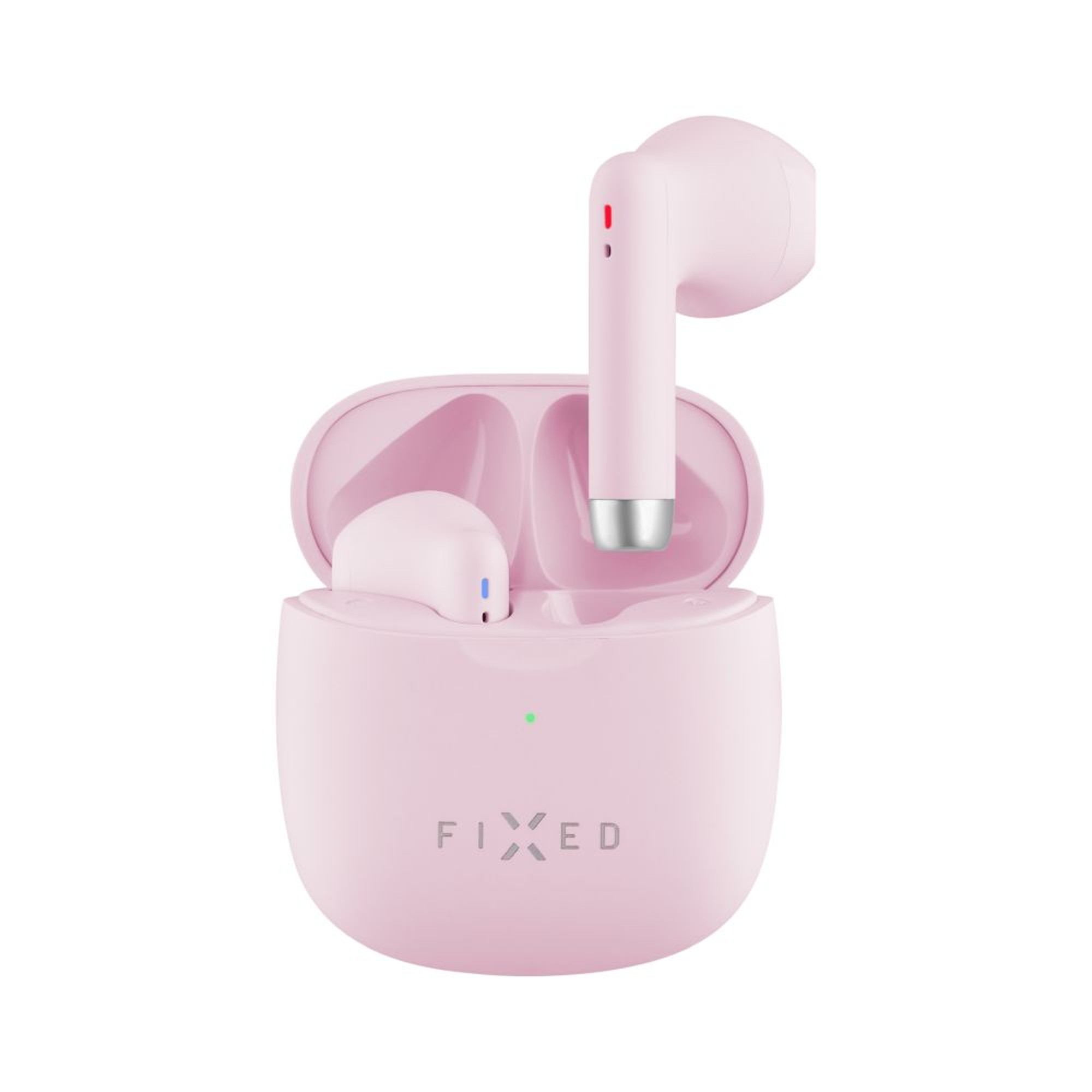 Auricolari wireless rosa in un'astuccio di ricarica. L'astuccio è aperto e mostra gli auricolari.