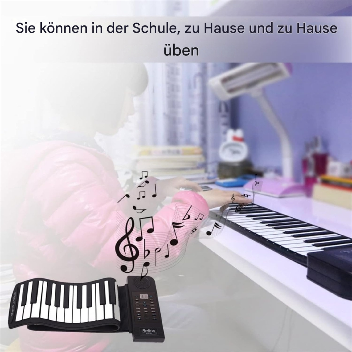 Eine Person spielt ein tragbares Piano-Keyboard, mit Noten, die darüber schweben.