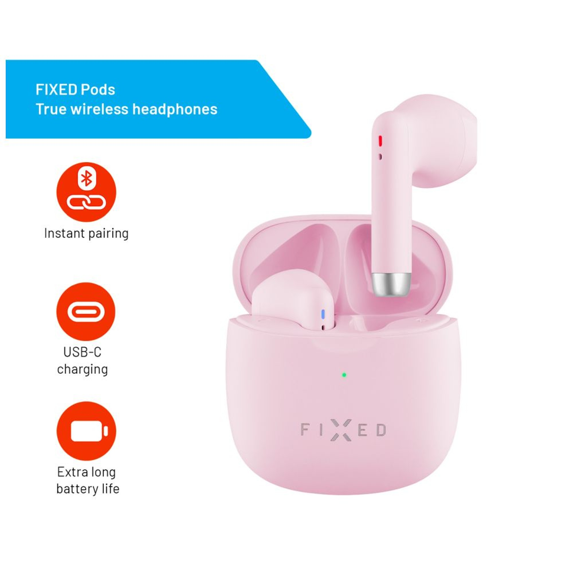 Cuffie true wireless FIXED Pods rosa con custodia di ricarica e ricarica USB-C.