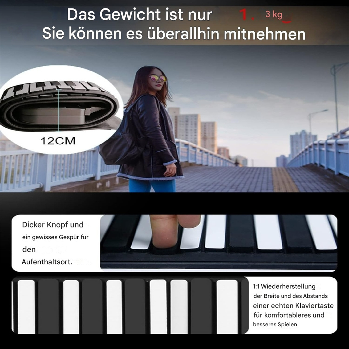 Beine und Hände einer Person vor einer Brücke mit Klaviatur und Klaviaturdetail.