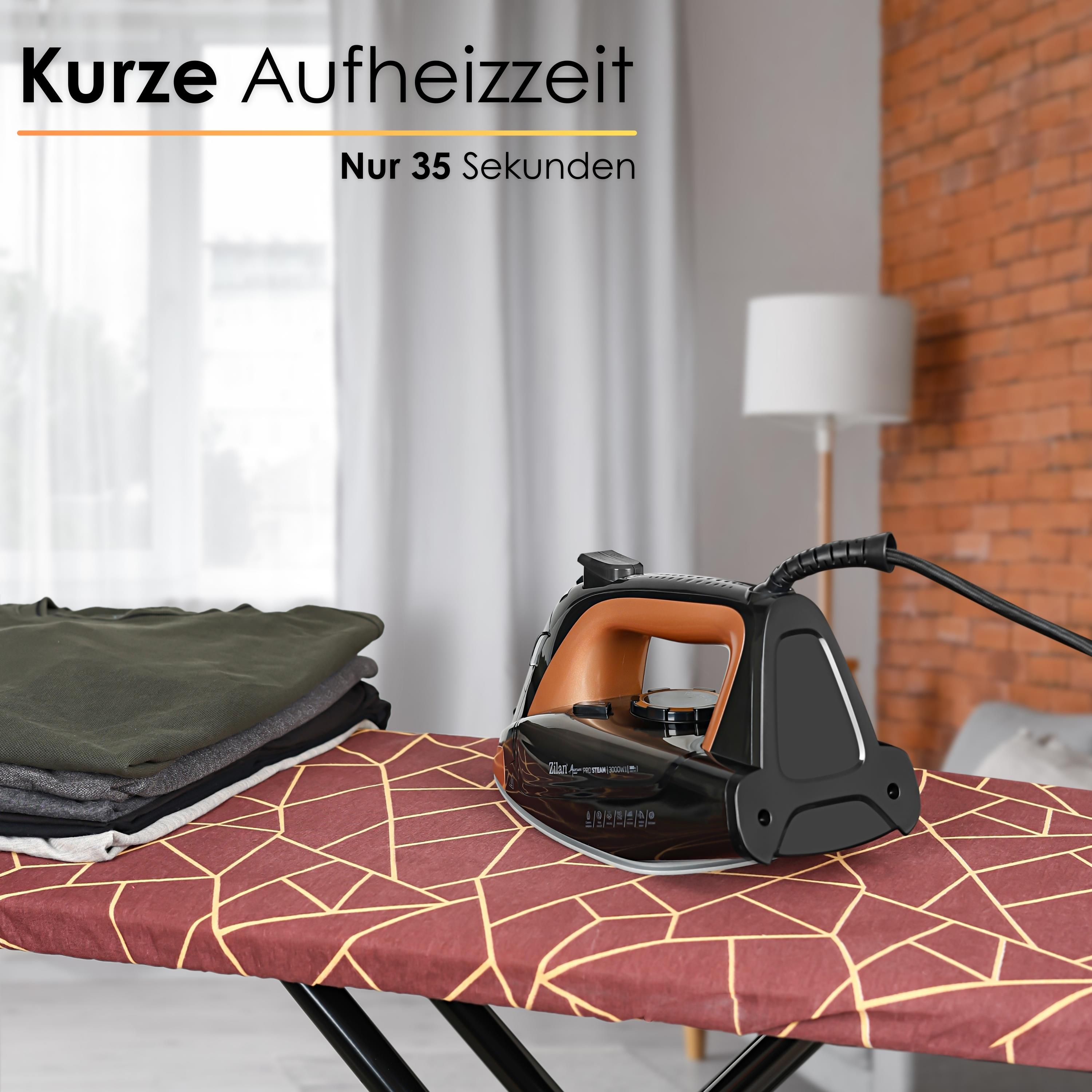 Bügeleisen und Bügelbrett mit Kleidung. Text: "Kurze Aufheizzeit Nur 35 Sekunden" (kurze Aufheizzeit).
