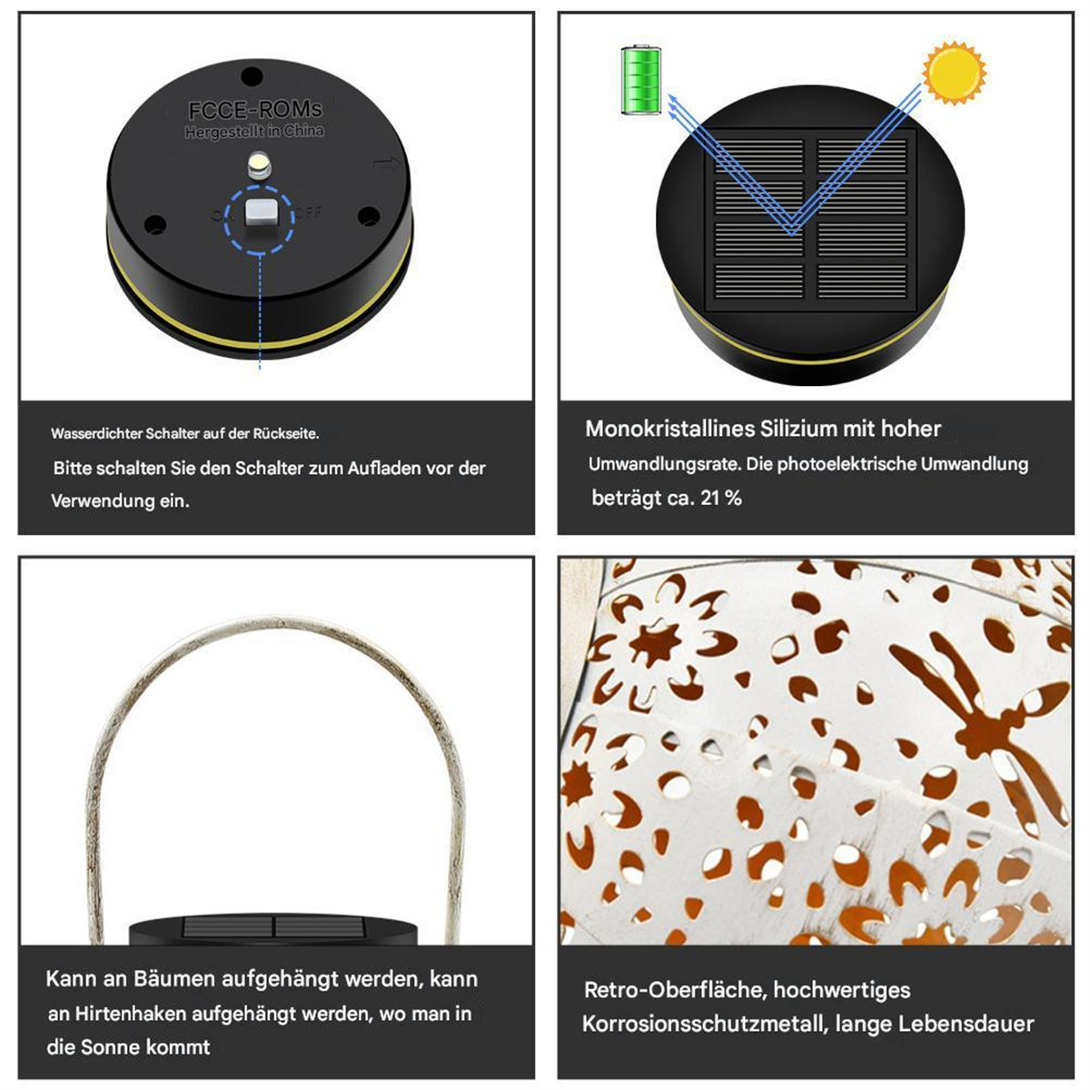 Nahaufnahme von solarbetriebenen Lichtkomponenten mit Text zu Betrieb und Funktionen.