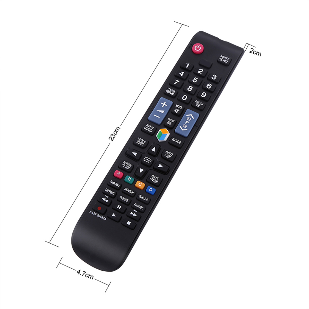 Eine schwarze TV-Fernbedienung mit den Maßen: 23cm lang, 4,7cm breit und 2cm dick.