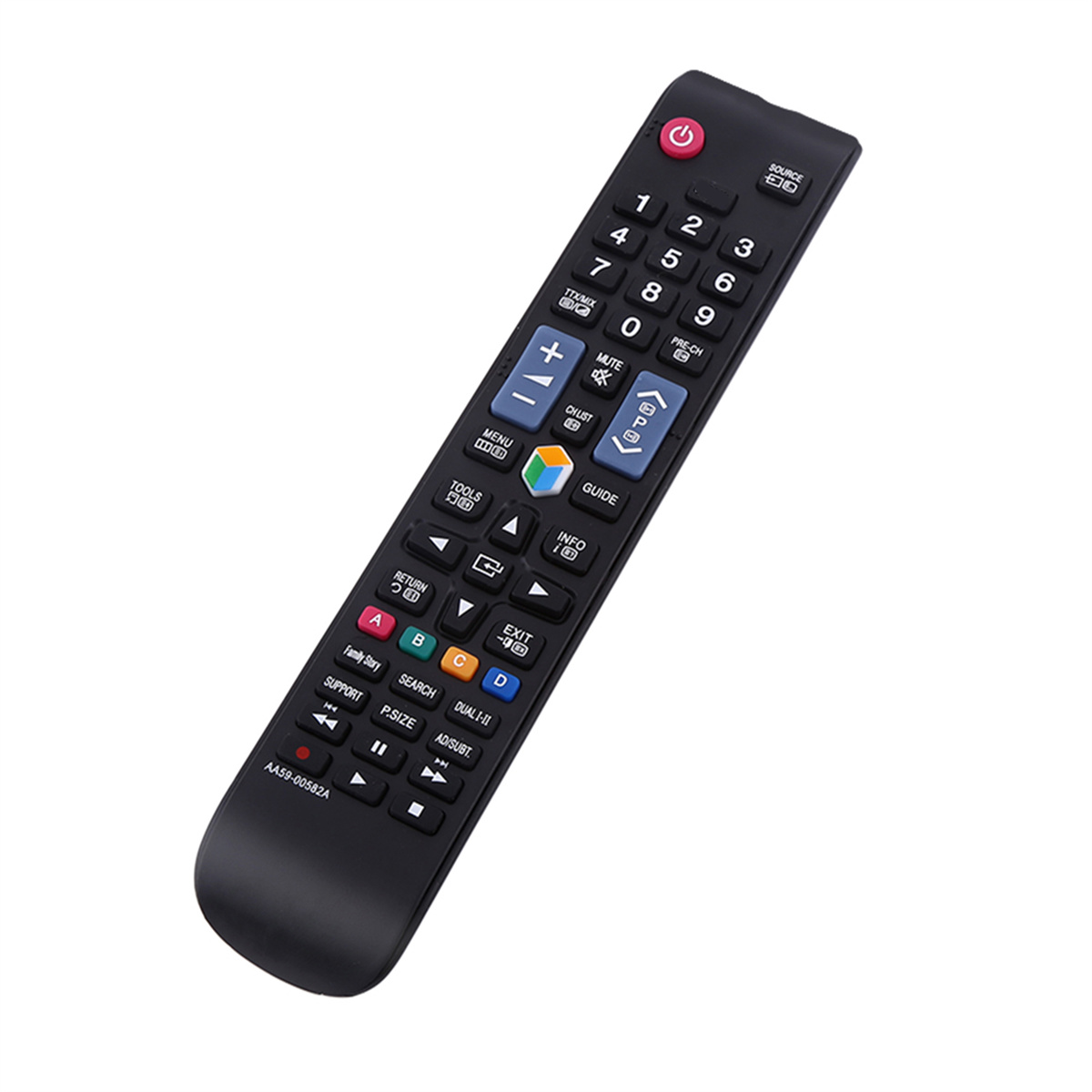 Schwarze TV-Fernbedienung mit verschiedenen Tasten, auf weißem Hintergrund.