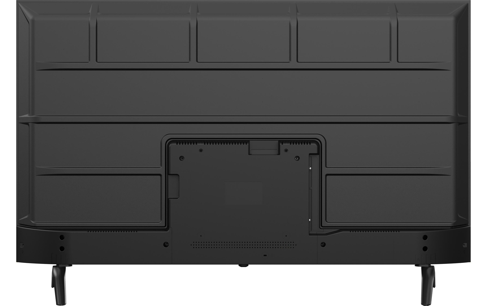 Retro TV nero. Mostra il pannello posteriore con porte, fessure e supporto. Base con i piedini.