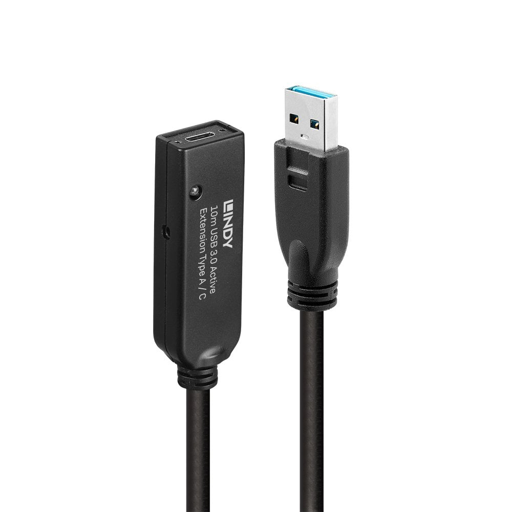Czarny przedłużacz USB z portem USB-A i USB-C. Etykieta: 10m USB 3.0 active.